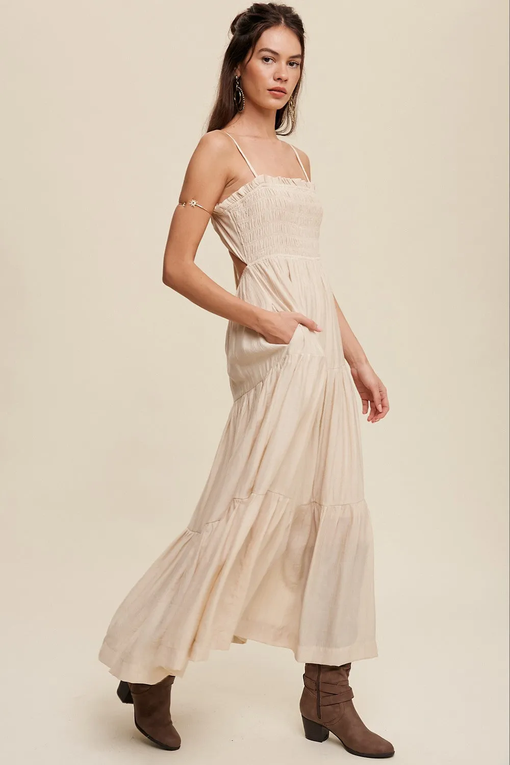 Beige Smocked Square Neck Back Cutout Tiered Midi Dress sold by Pinkblush product image thumbnail 3