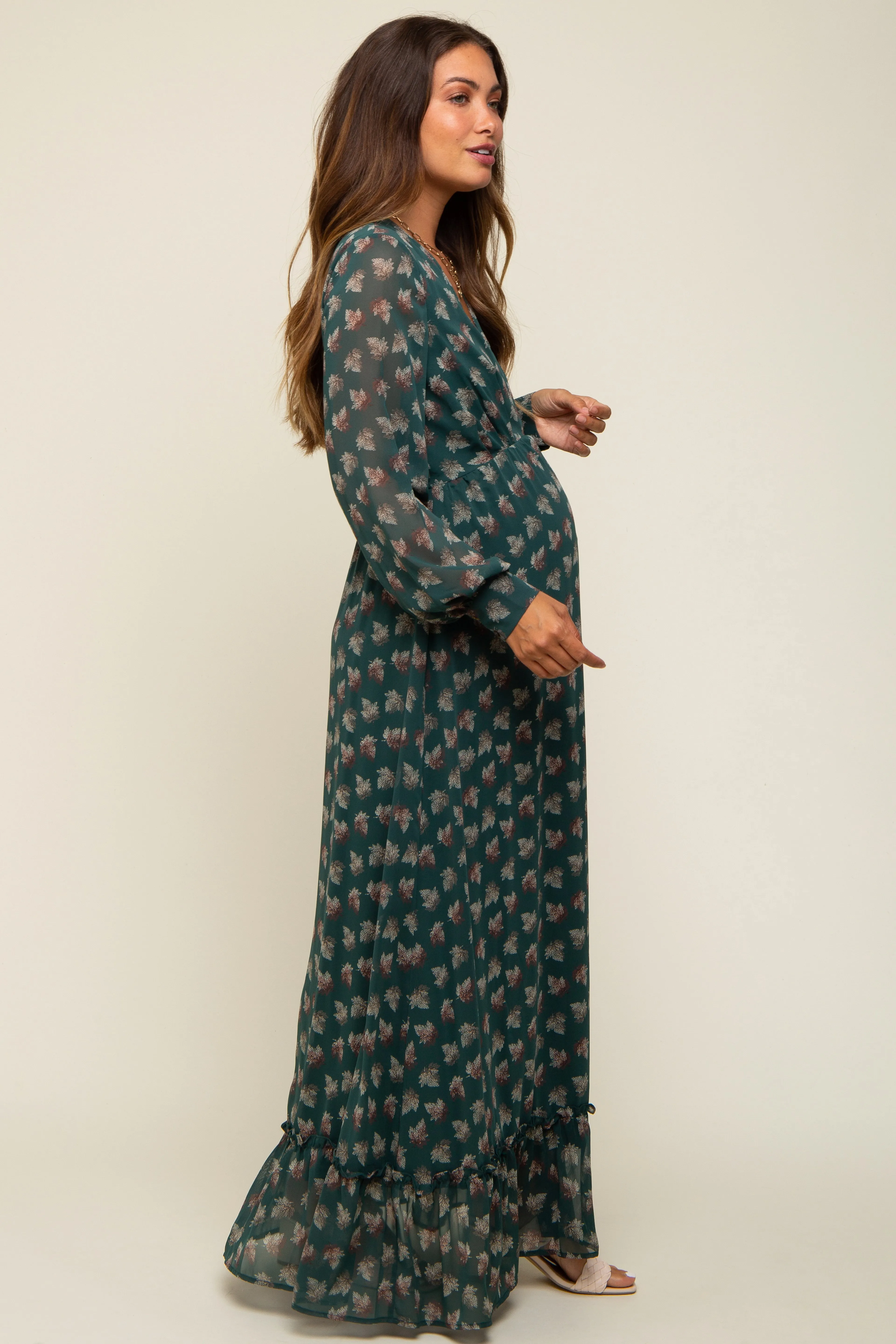 Forest Green Leaf Print Balloon Sleeve Maternity Maxi Dress sold by Pinkblush product image thumbnail 3