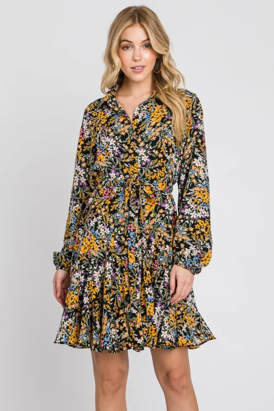 Marigold/Black Floral Flare Dress sold by Pinkblush