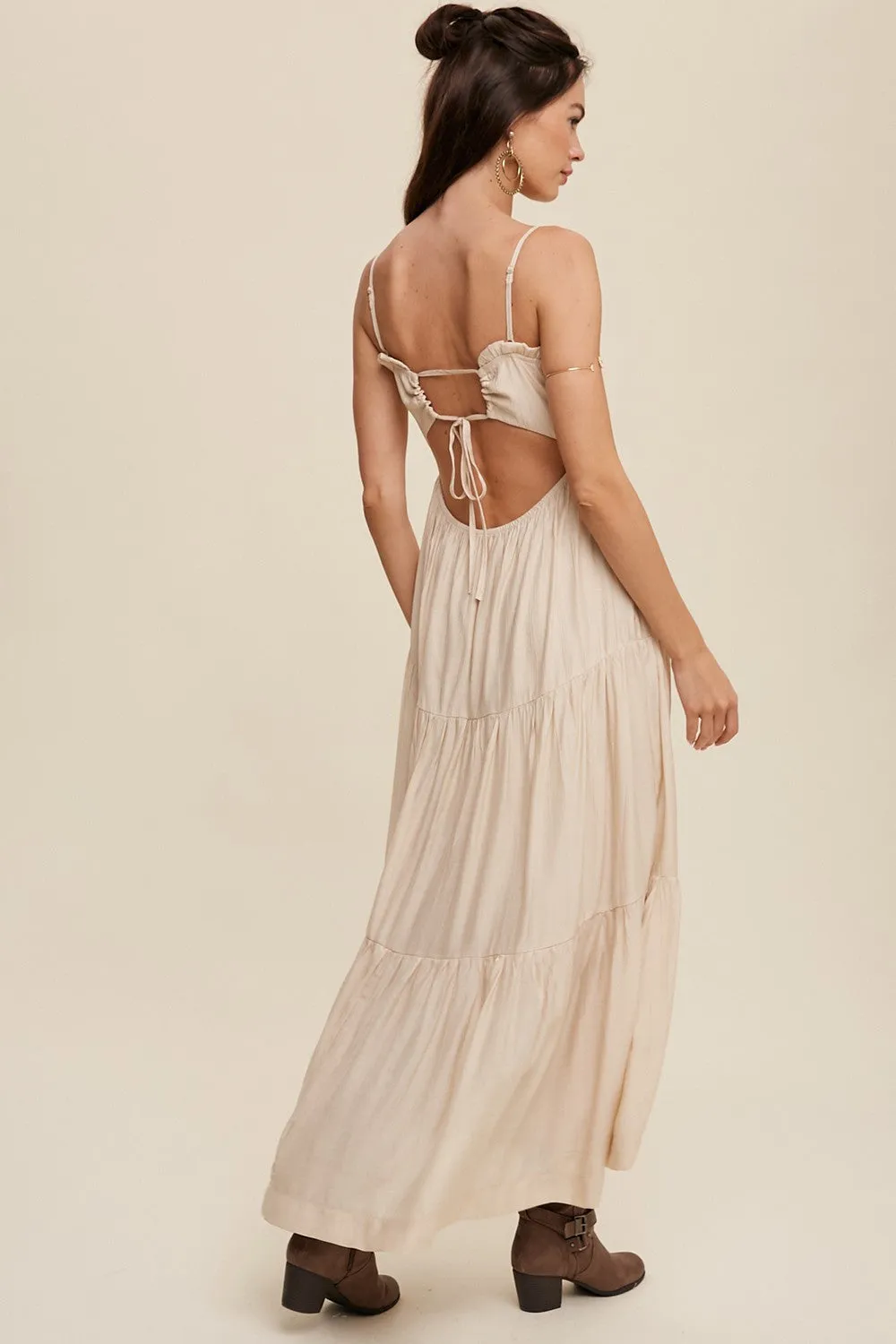 Beige Smocked Square Neck Back Cutout Tiered Midi Dress sold by Pinkblush product image thumbnail 4
