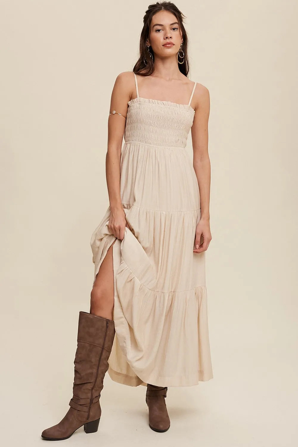 Beige Smocked Square Neck Back Cutout Tiered Midi Dress sold by Pinkblush