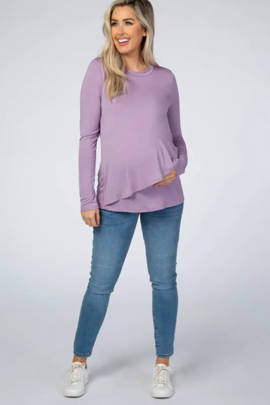 Lavender Solid Layered Front Long Sleeve Maternity/Nursing Top sold by Pinkblush