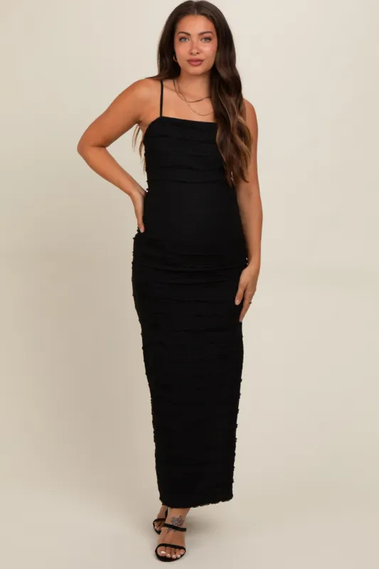 Black Ruffle Detail Maternity Side Slit Maxi Dress sold by Pinkblush