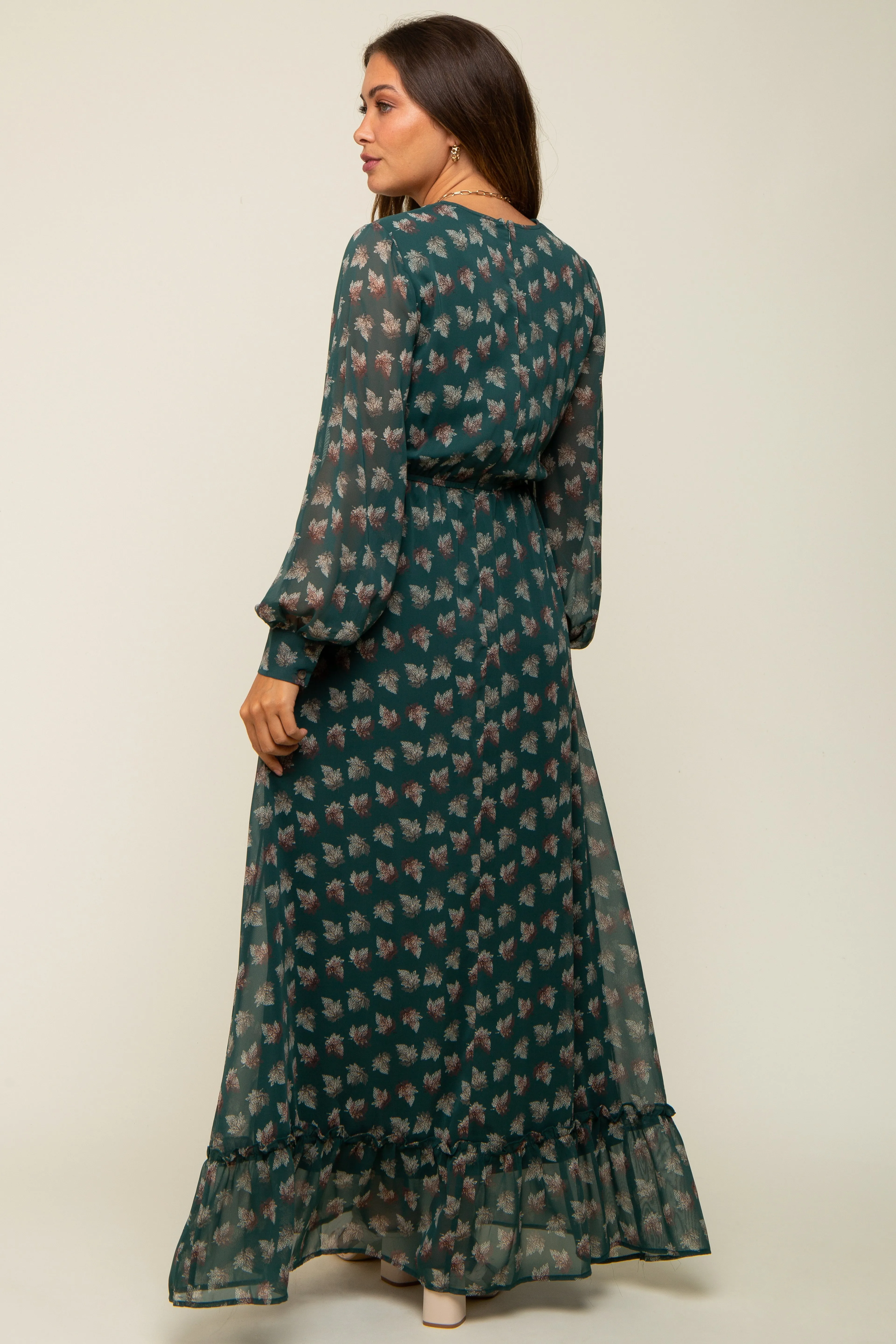 Forest Green Leaf Print Balloon Sleeve Maternity Maxi Dress sold by Pinkblush product image thumbnail 4