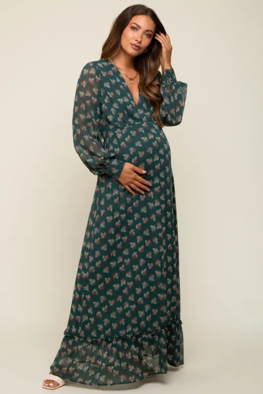Forest Green Leaf Print Balloon Sleeve Maternity Maxi Dress sold by Pinkblush