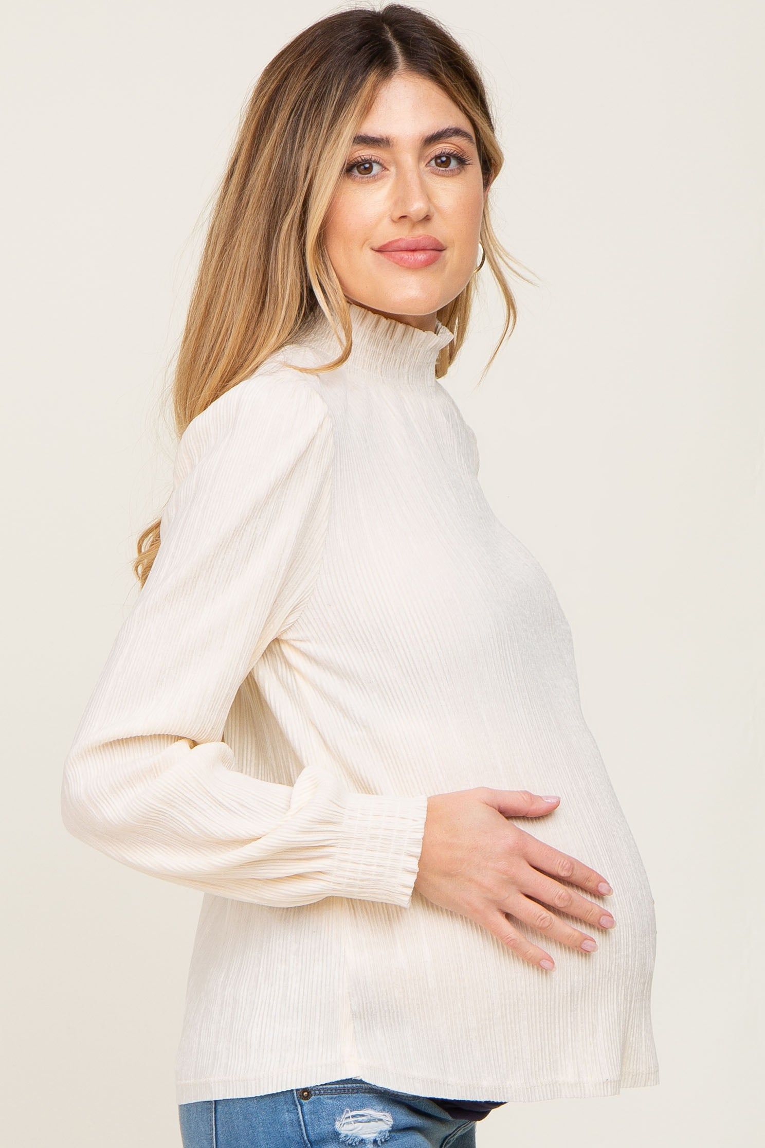 Ivory Velvet Pleated Mock Neck Maternity Blouse sold by Pinkblush product image thumbnail 2