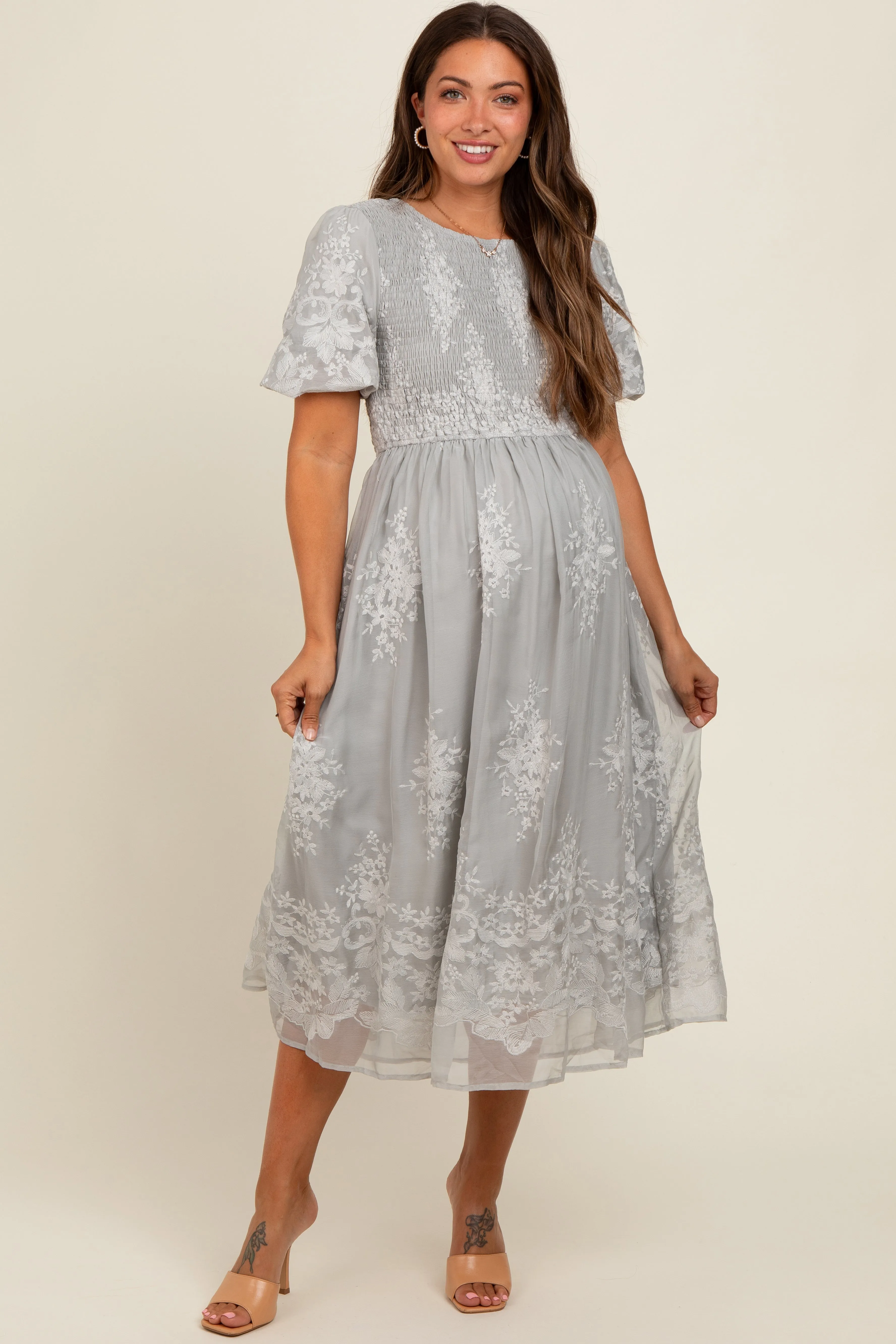 Grey Floral Lace Smocked Maternity Midi Dress sold by Pinkblush product image thumbnail 2