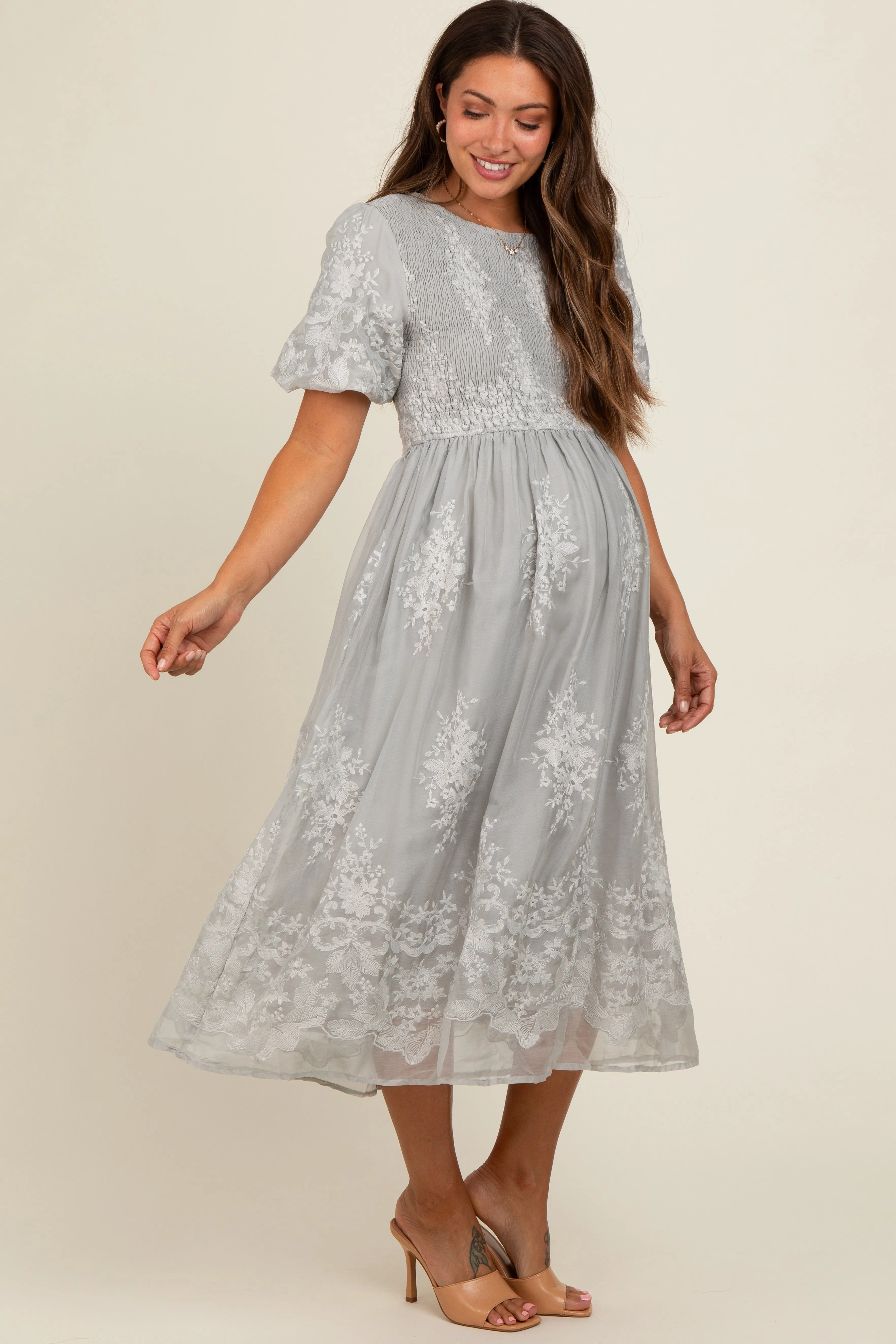 Grey Floral Lace Smocked Maternity Midi Dress sold by Pinkblush product image thumbnail 3