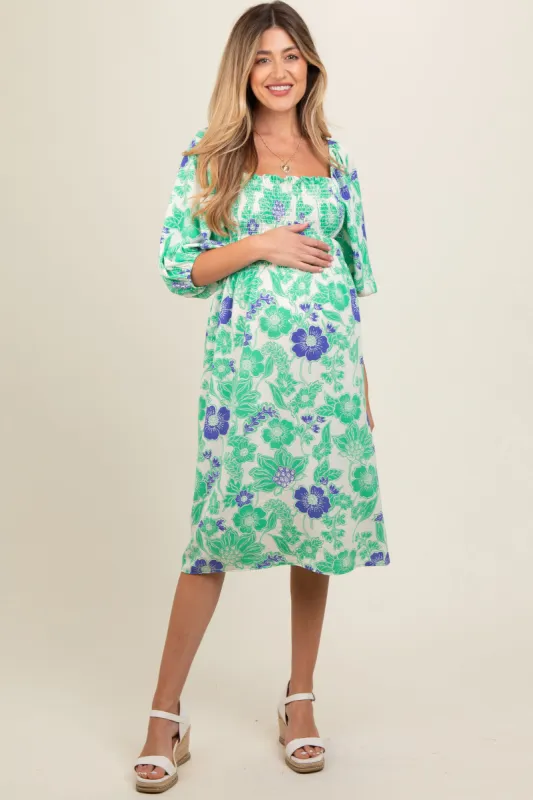 Green Floral Smocked Square Neck Maternity Midi Dress sold by Pinkblush