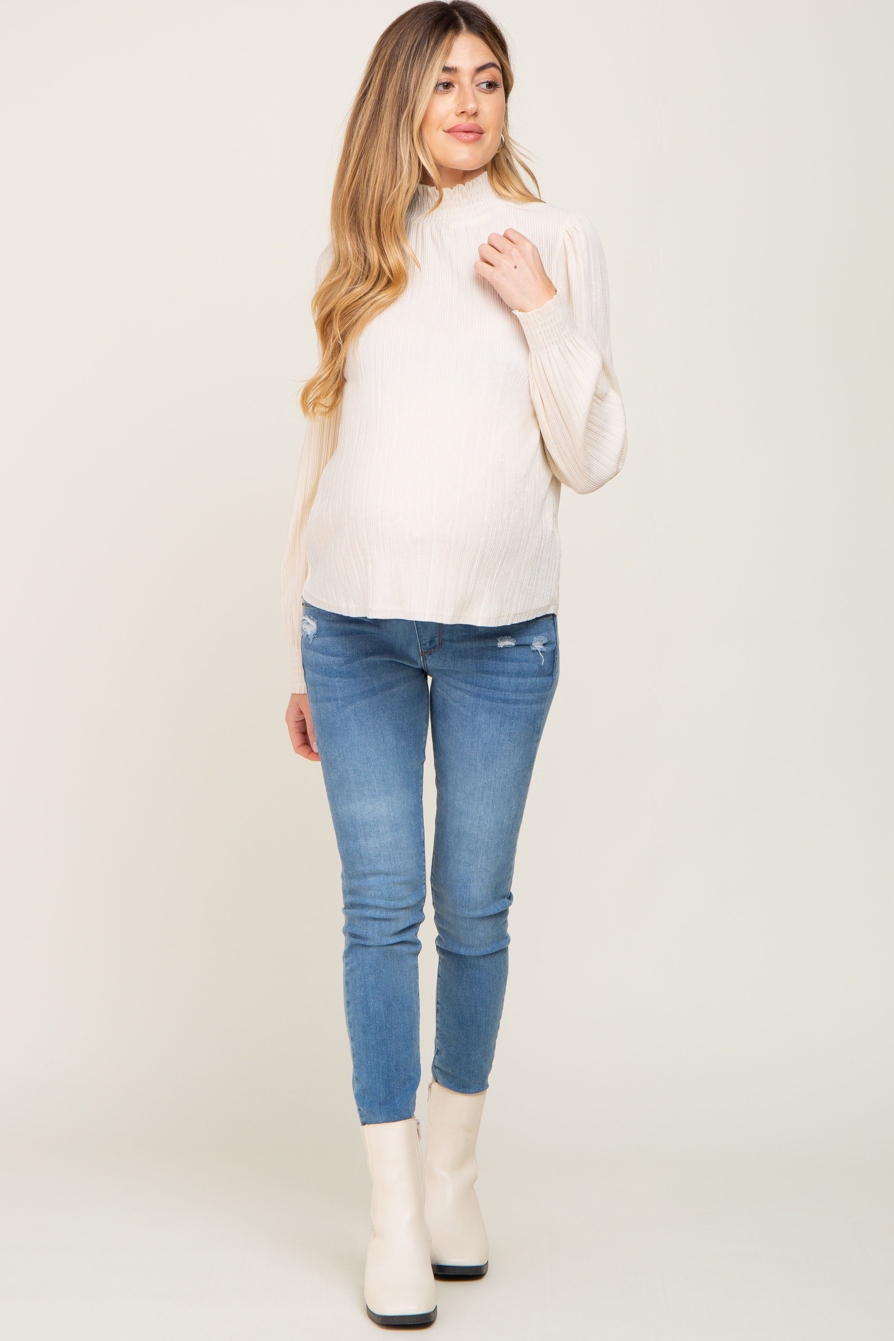 Ivory Velvet Pleated Mock Neck Maternity Blouse sold by Pinkblush product image thumbnail 4