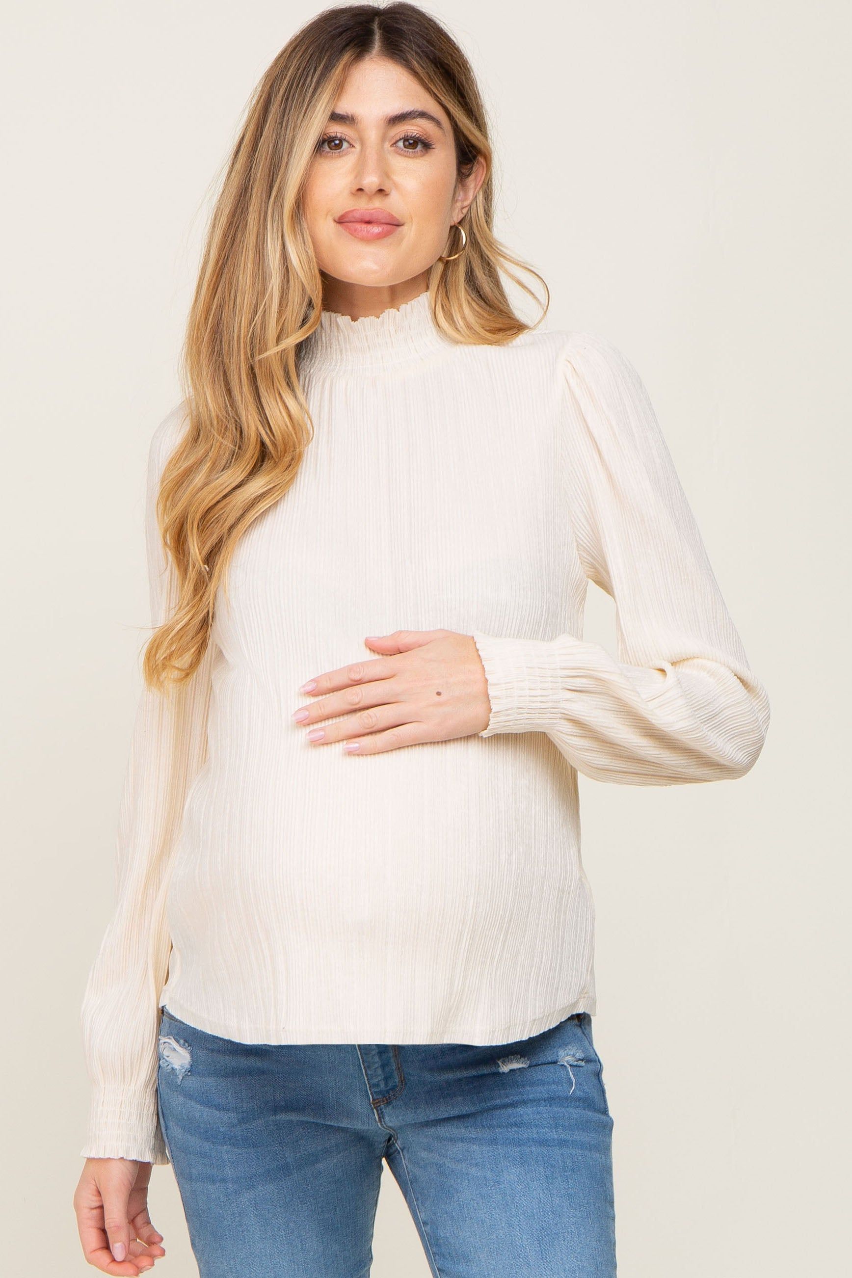 Ivory Velvet Pleated Mock Neck Maternity Blouse sold by Pinkblush