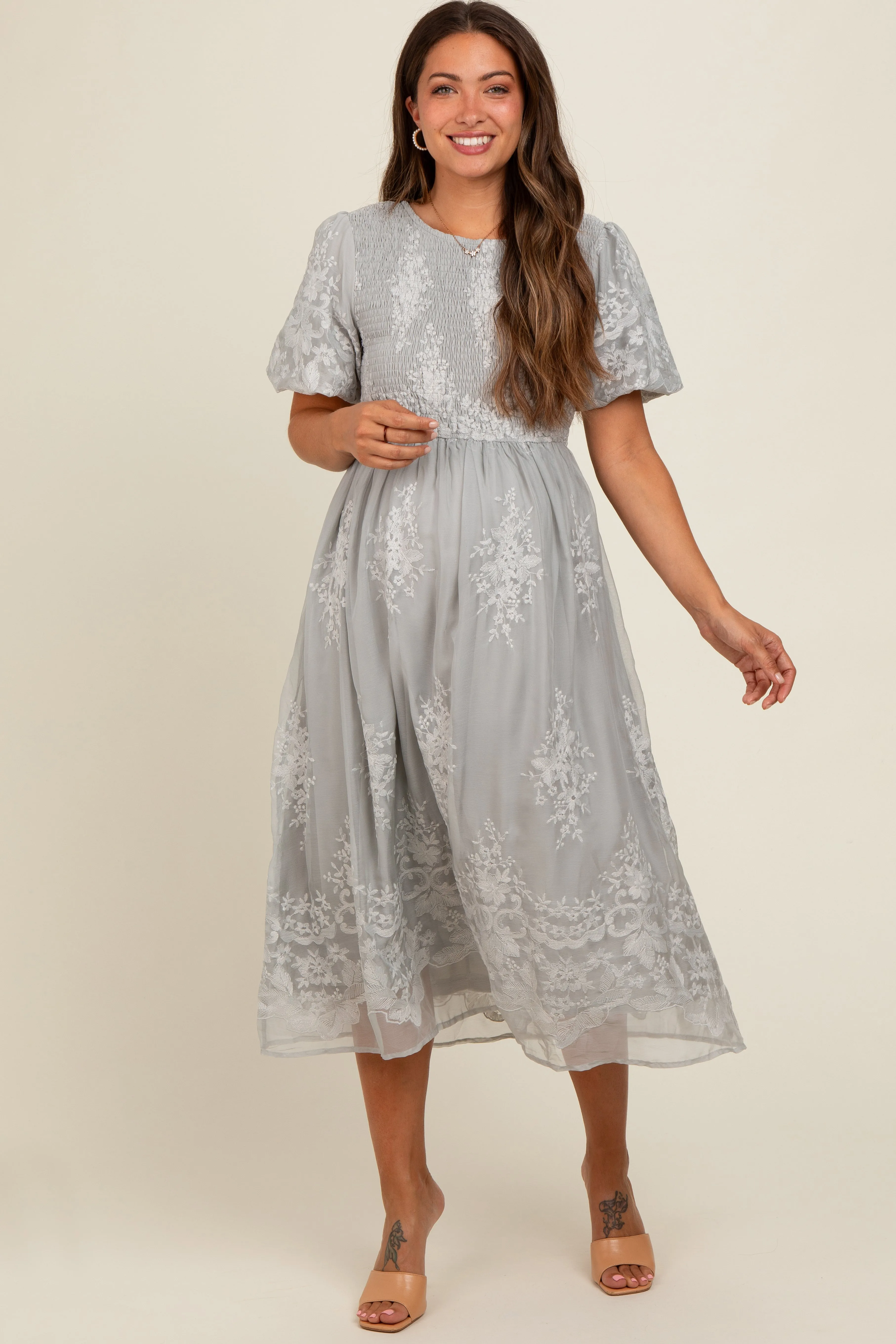 Grey Floral Lace Smocked Maternity Midi Dress sold by Pinkblush