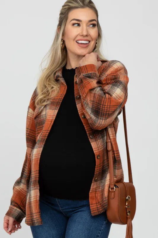 Rust Plaid Maternity Shacket sold by Pinkblush