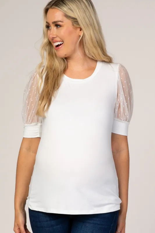 White Mesh Sleeve Maternity Top sold by Pinkblush