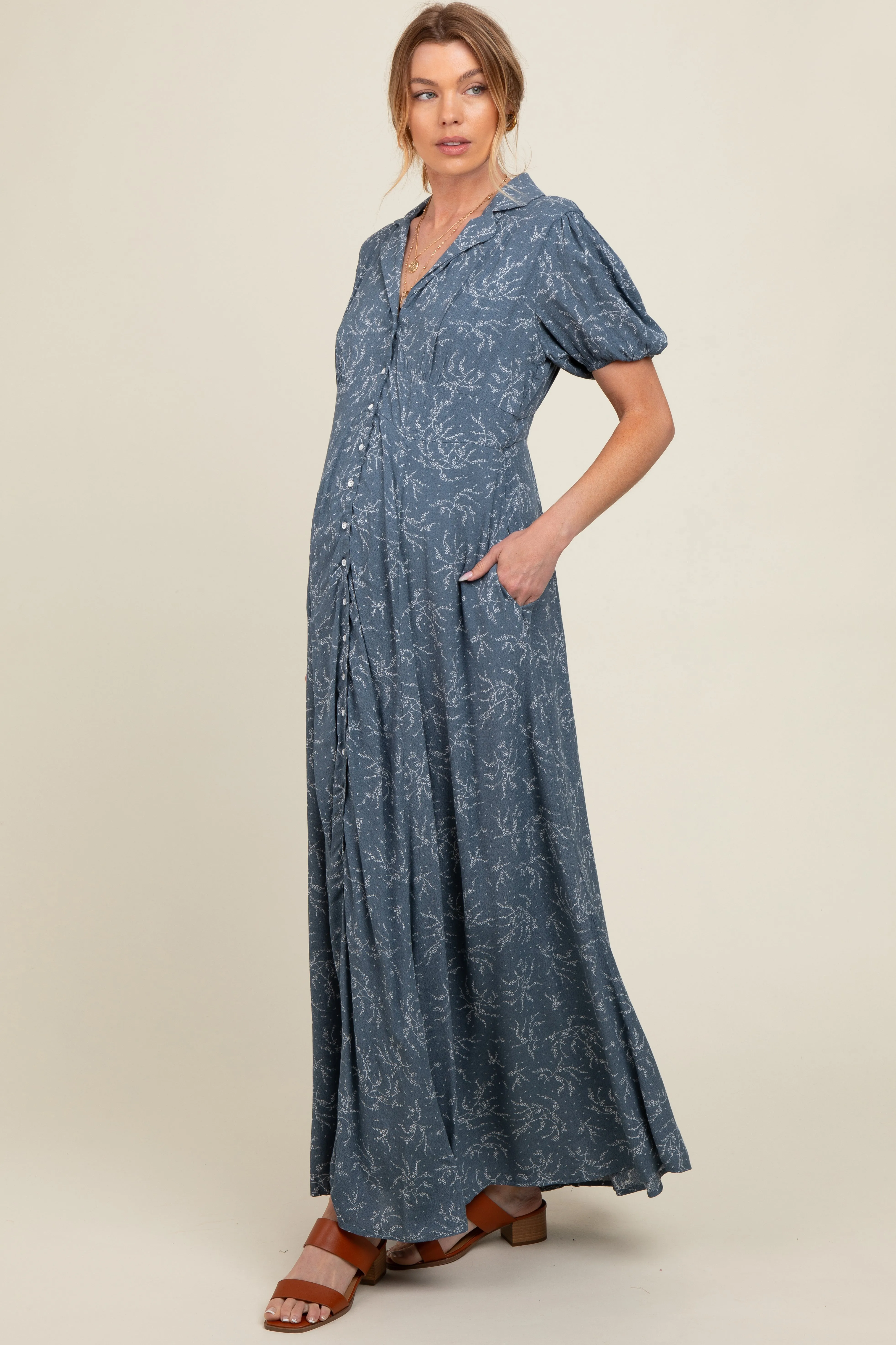 Blue Floral Button Down Maternity Maxi Dress sold by Pinkblush product image thumbnail 3