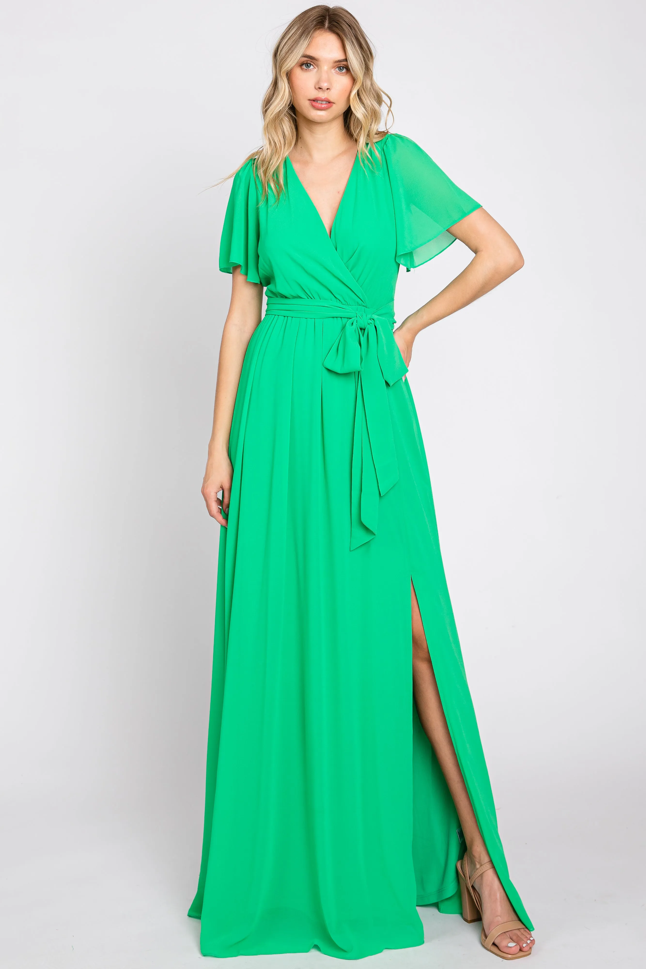 Green Chiffon Short Sleeve Wrap V-Neck Front Slit Maternity Maxi Dress sold by Pinkblush product image thumbnail 5