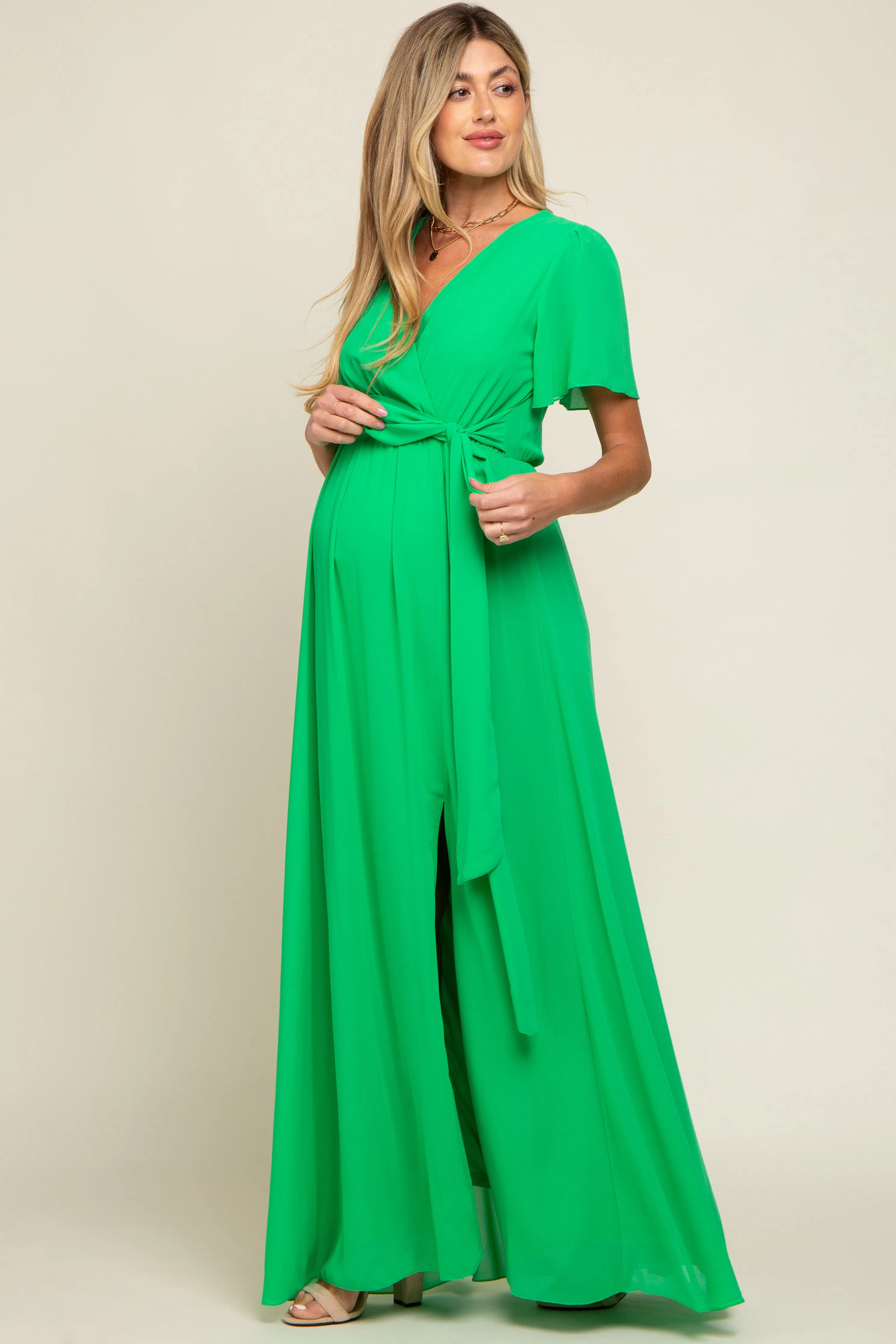 Green Chiffon Short Sleeve Wrap V-Neck Front Slit Maternity Maxi Dress sold by Pinkblush product image thumbnail 2
