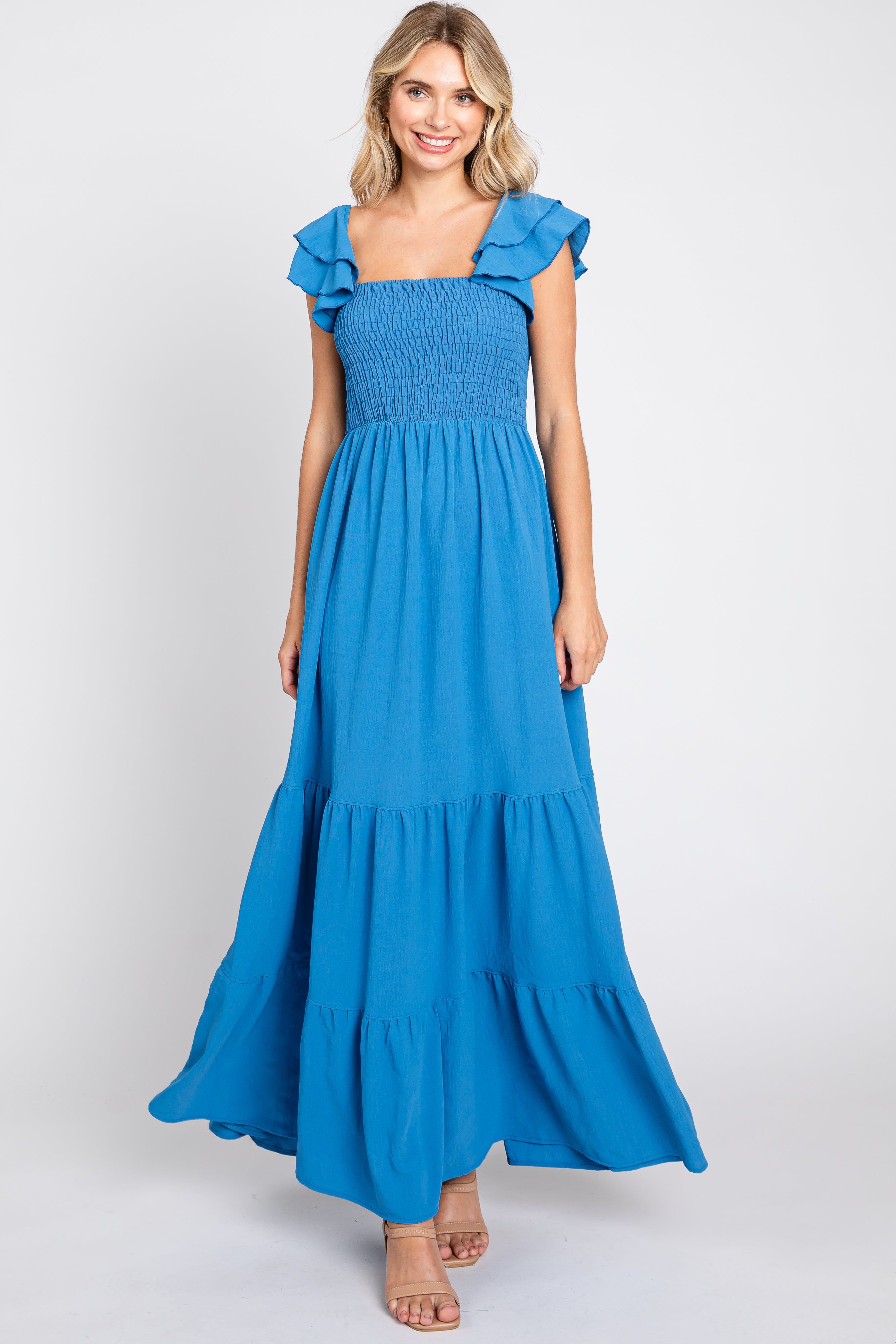 Blue Smocked Ruffle Off Shoulder Tiered Maternity Maxi Dress sold by Pinkblush product image thumbnail 5