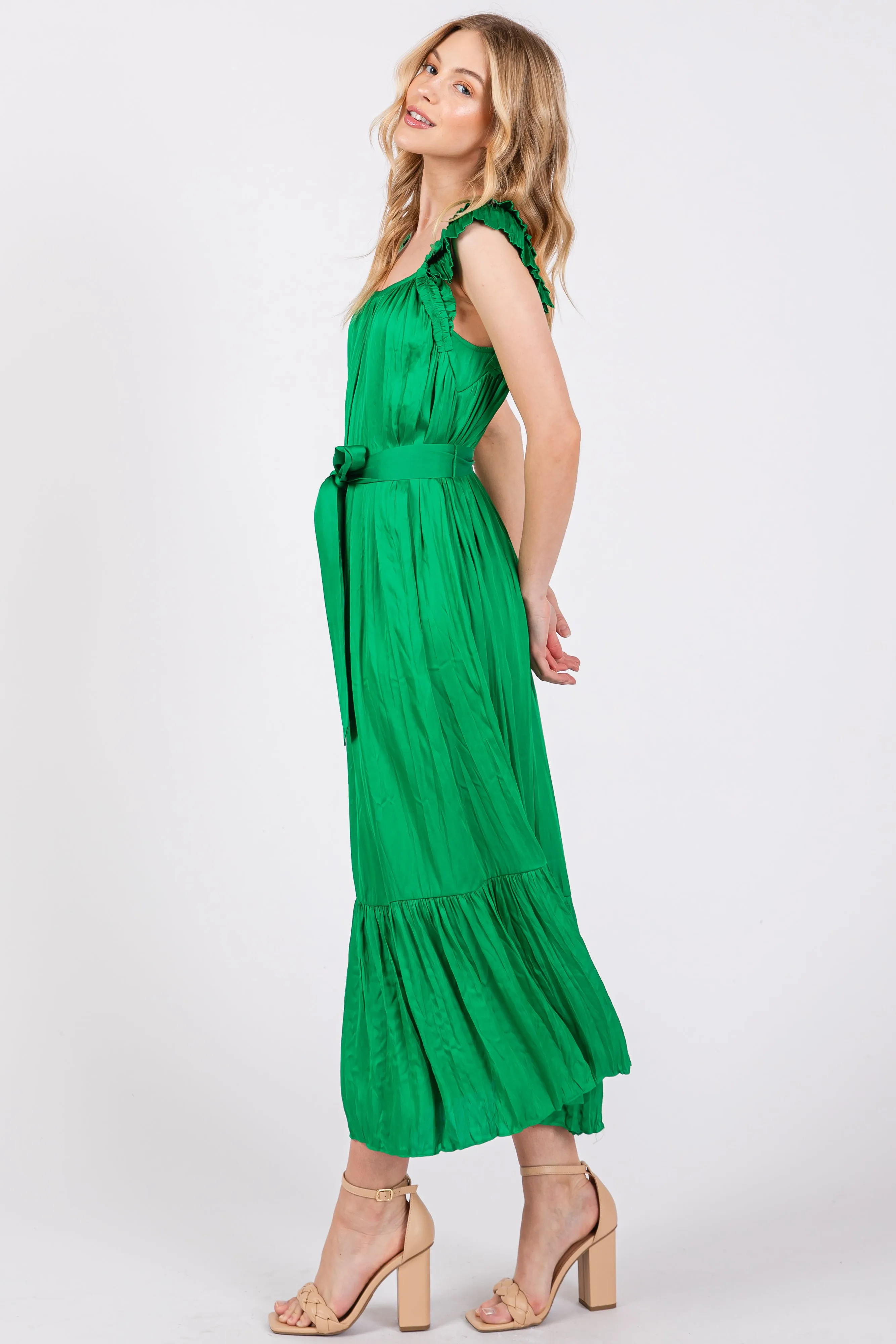 Green Ruffle Short Sleeve Self Tie Dress sold by Pinkblush product image thumbnail 2