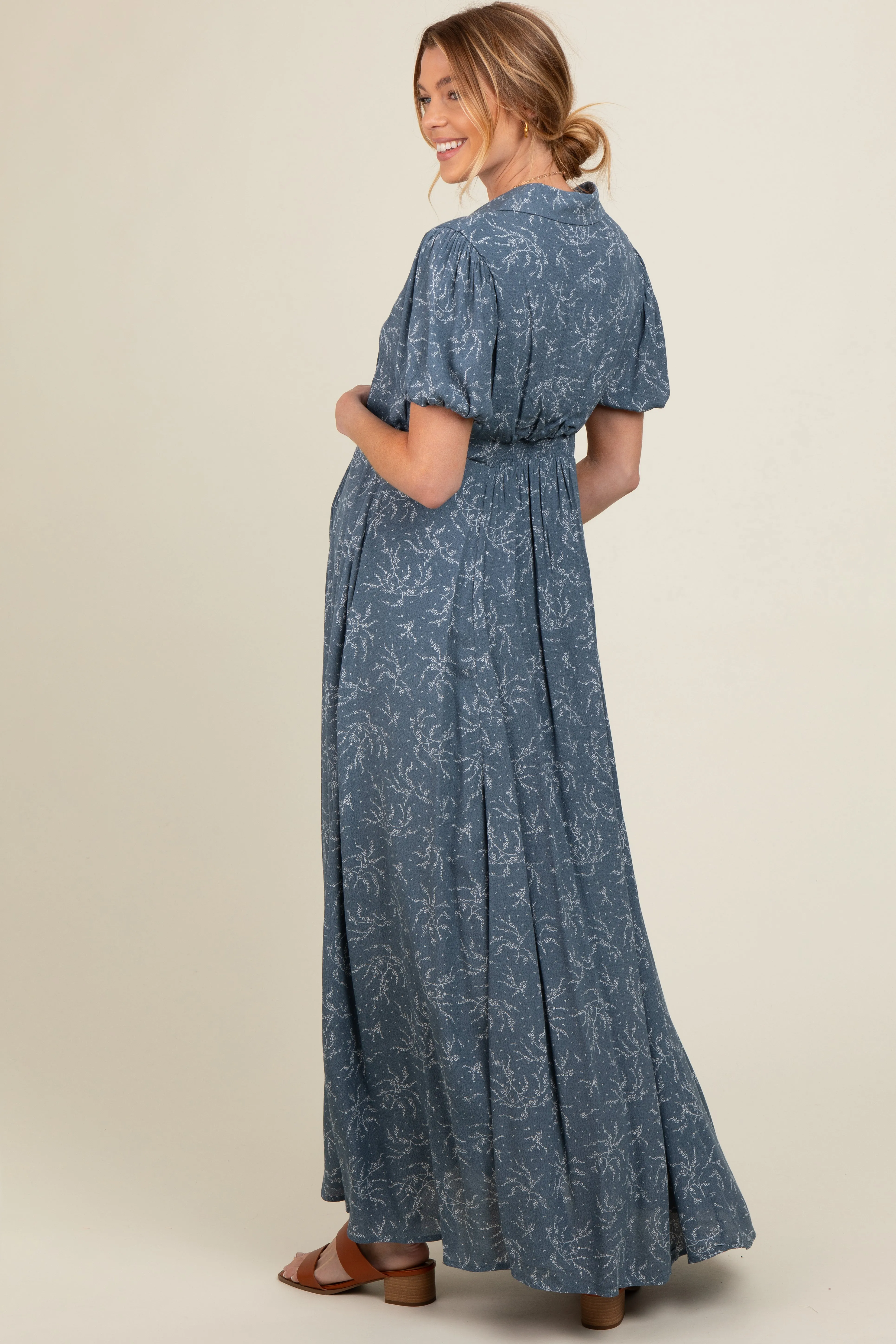 Blue Floral Button Down Maternity Maxi Dress sold by Pinkblush product image thumbnail 4