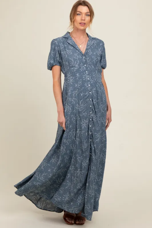 Blue Floral Button Down Maternity Maxi Dress sold by Pinkblush