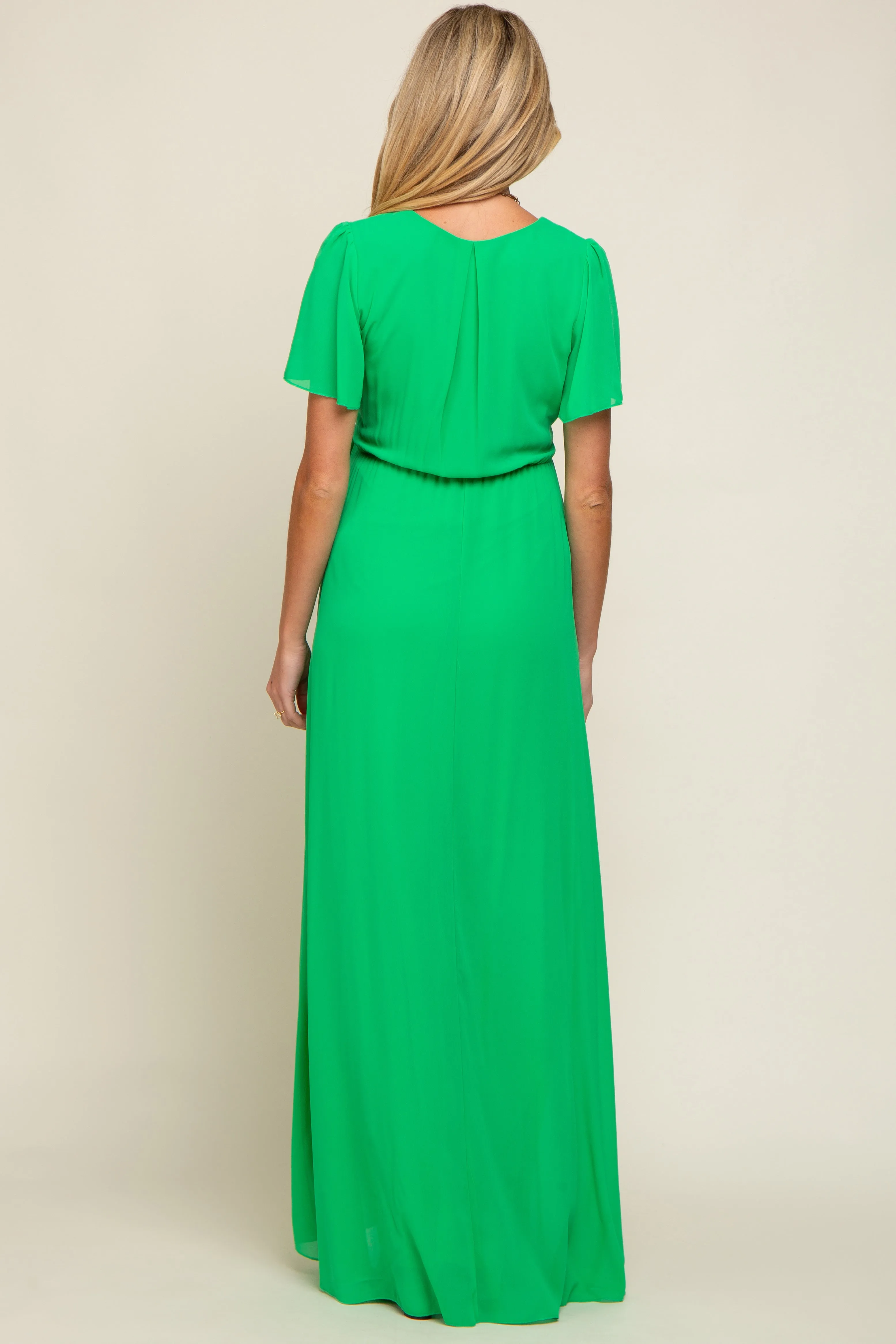 Green Chiffon Short Sleeve Wrap V-Neck Front Slit Maternity Maxi Dress sold by Pinkblush product image thumbnail 3