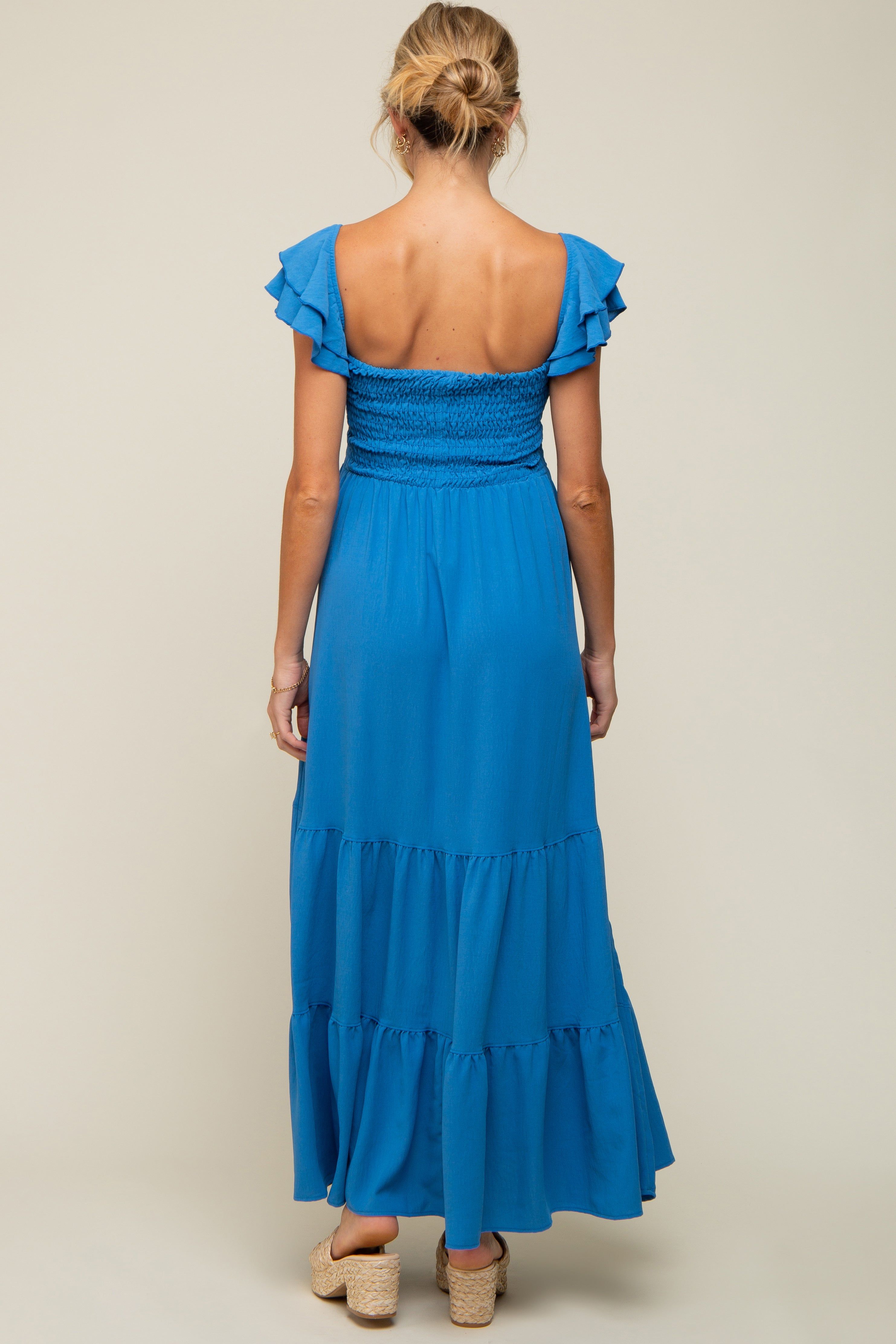 Blue Smocked Ruffle Off Shoulder Tiered Maternity Maxi Dress sold by Pinkblush product image thumbnail 3