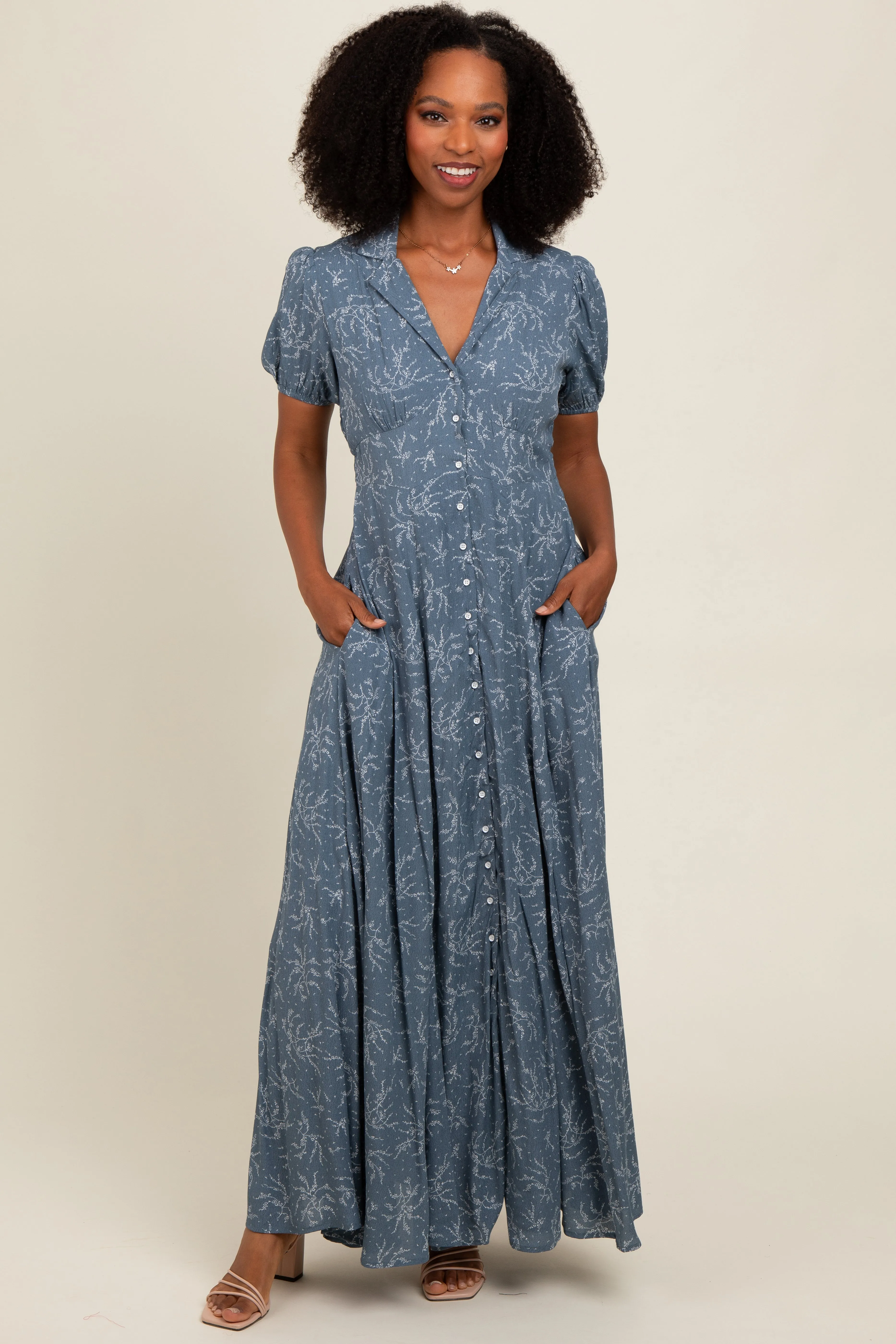 Blue Floral Button Down Maternity Maxi Dress sold by Pinkblush product image thumbnail 5