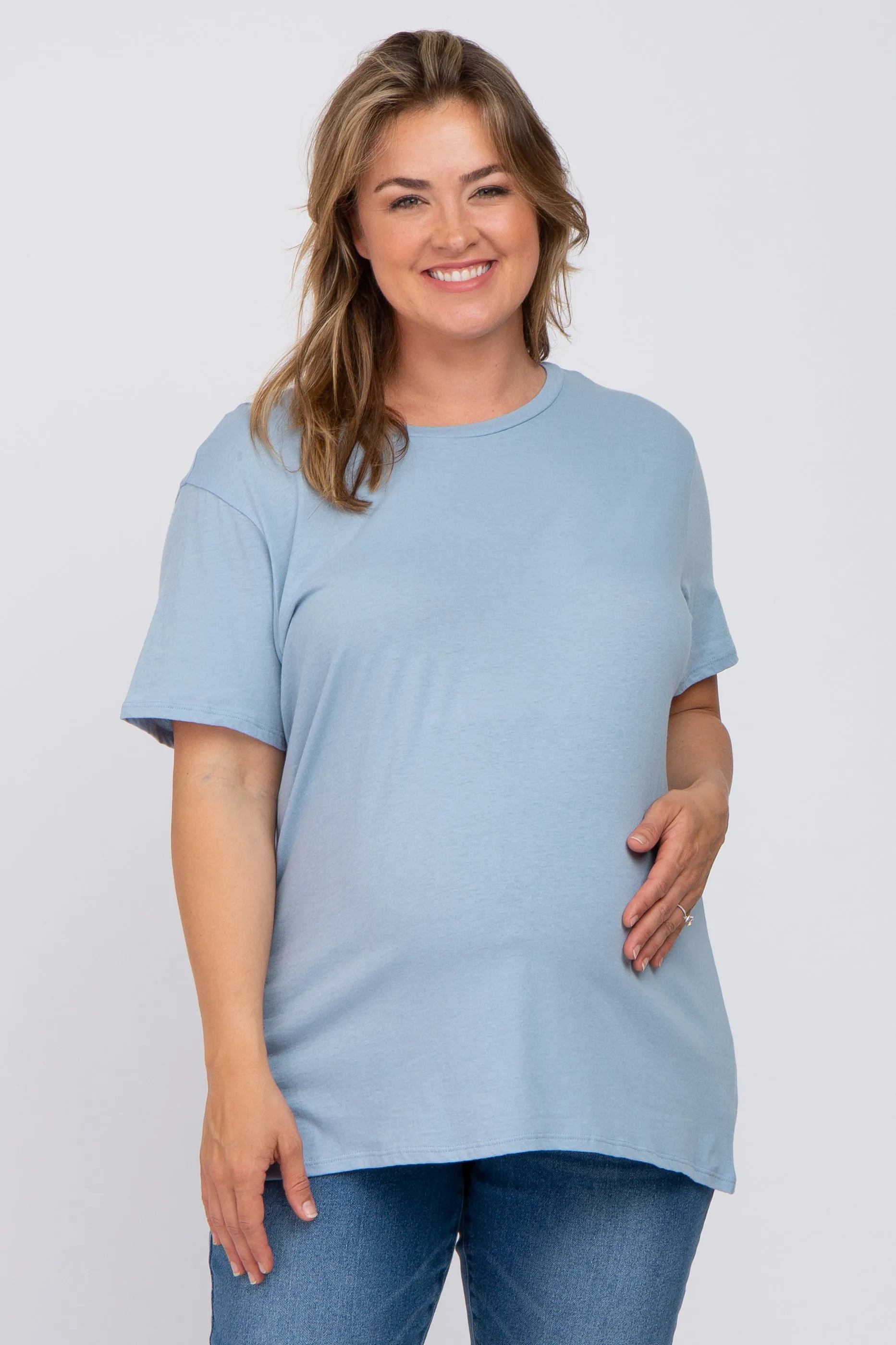 Blue Solid Short Sleeve Plus Maternity Top sold by Pinkblush