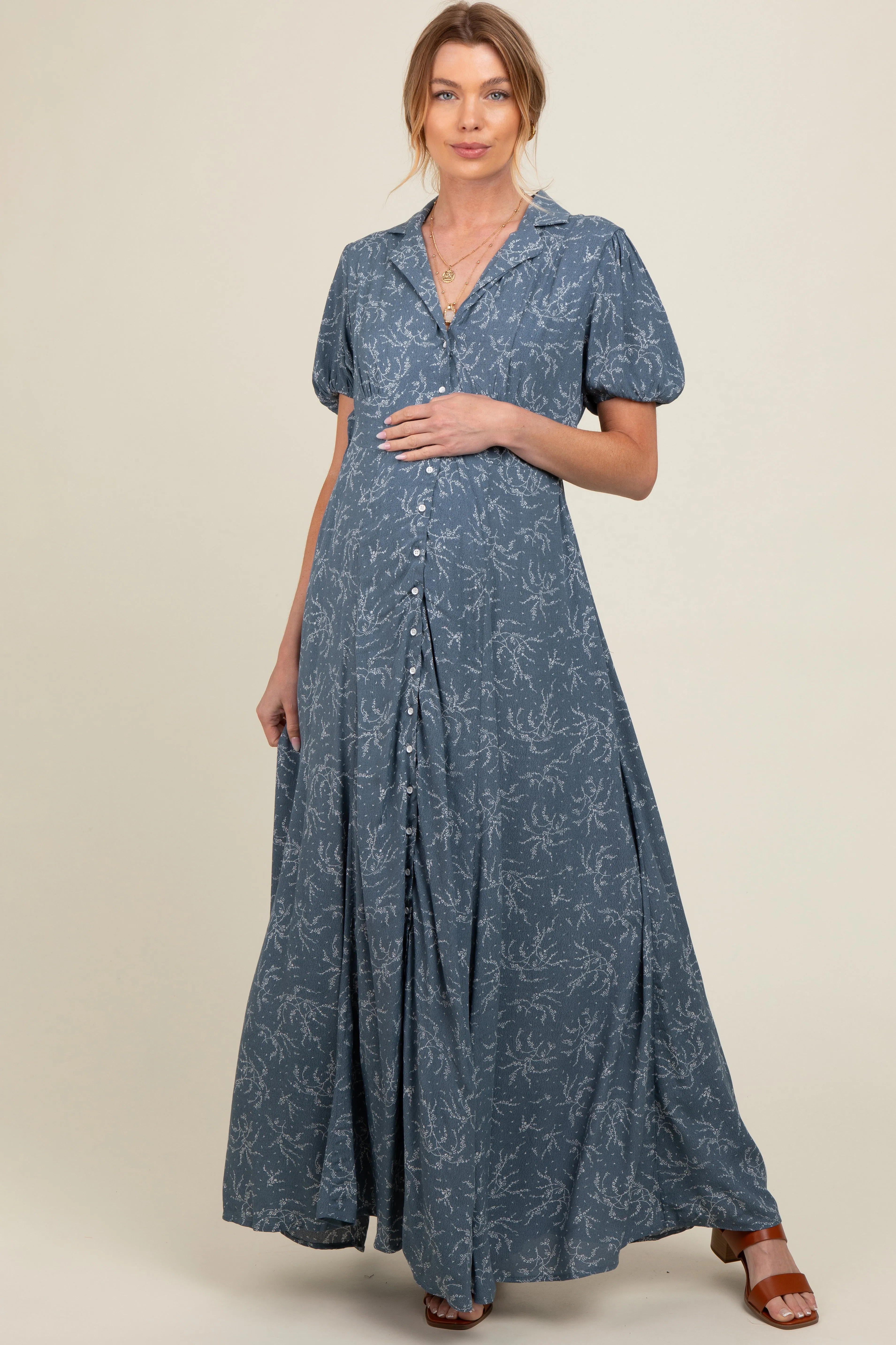 Blue Floral Button Down Maternity Maxi Dress sold by Pinkblush product image thumbnail 2