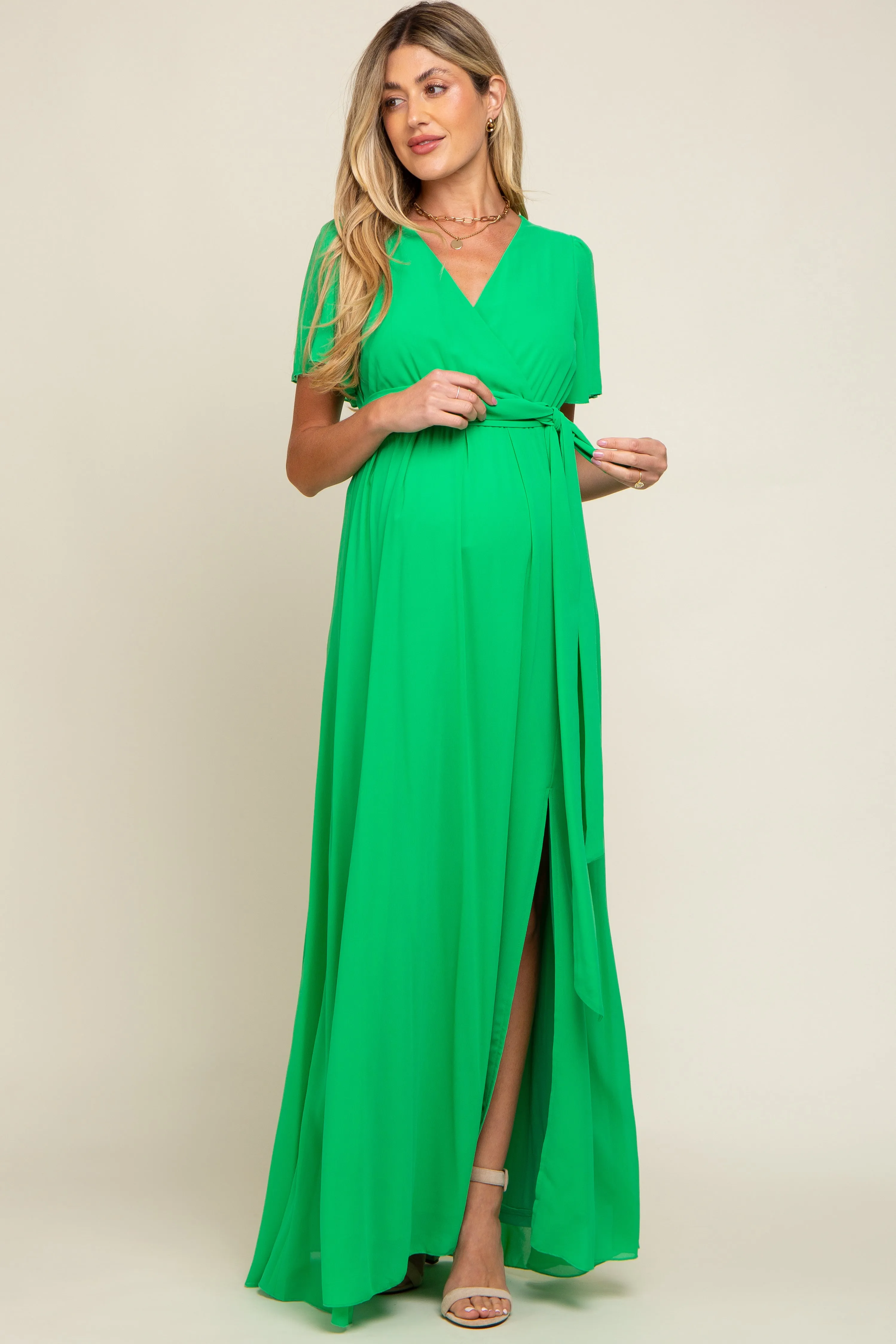 Green Chiffon Short Sleeve Wrap V-Neck Front Slit Maternity Maxi Dress sold by Pinkblush product image thumbnail 4