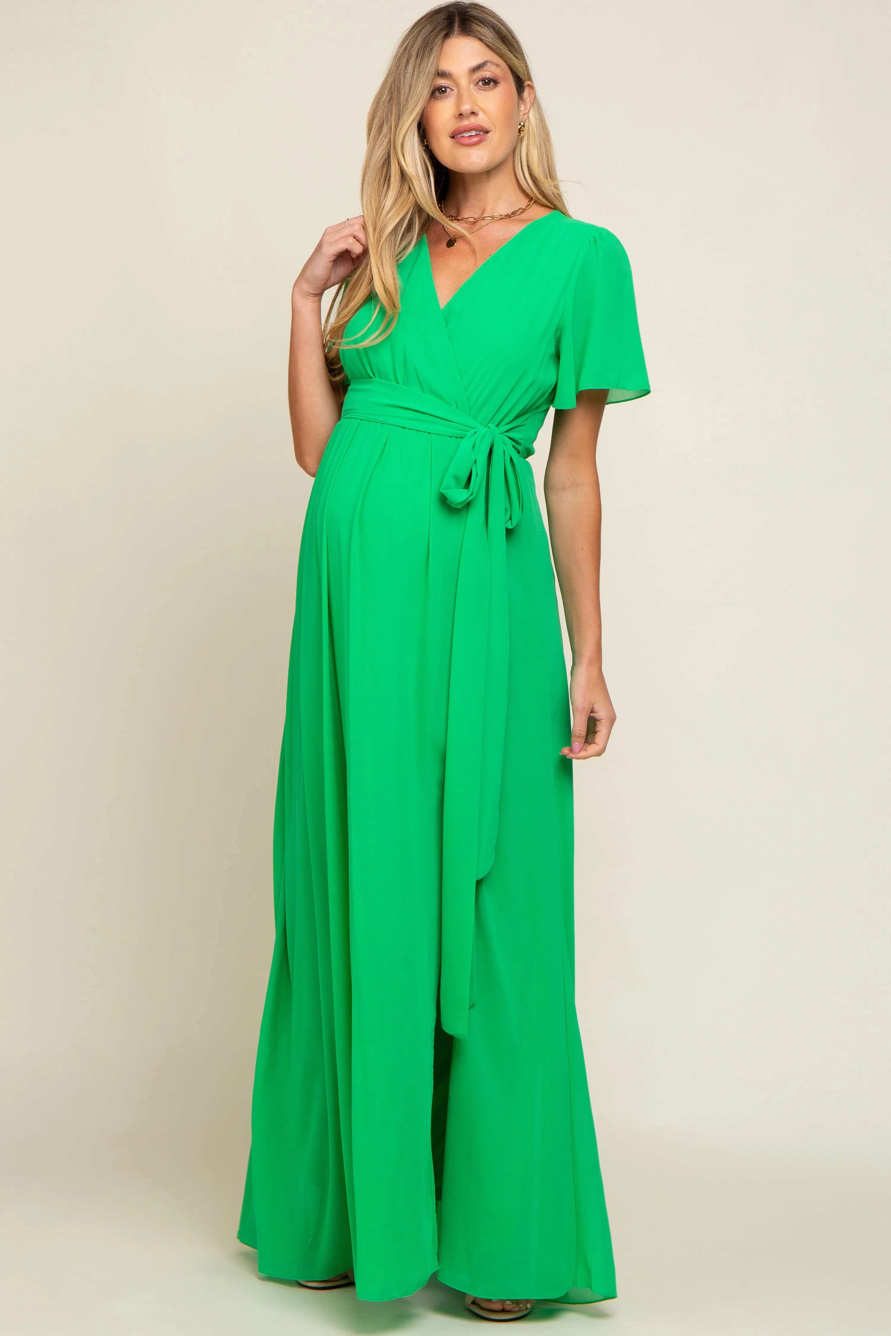 Green Chiffon Short Sleeve Wrap V-Neck Front Slit Maternity Maxi Dress sold by Pinkblush