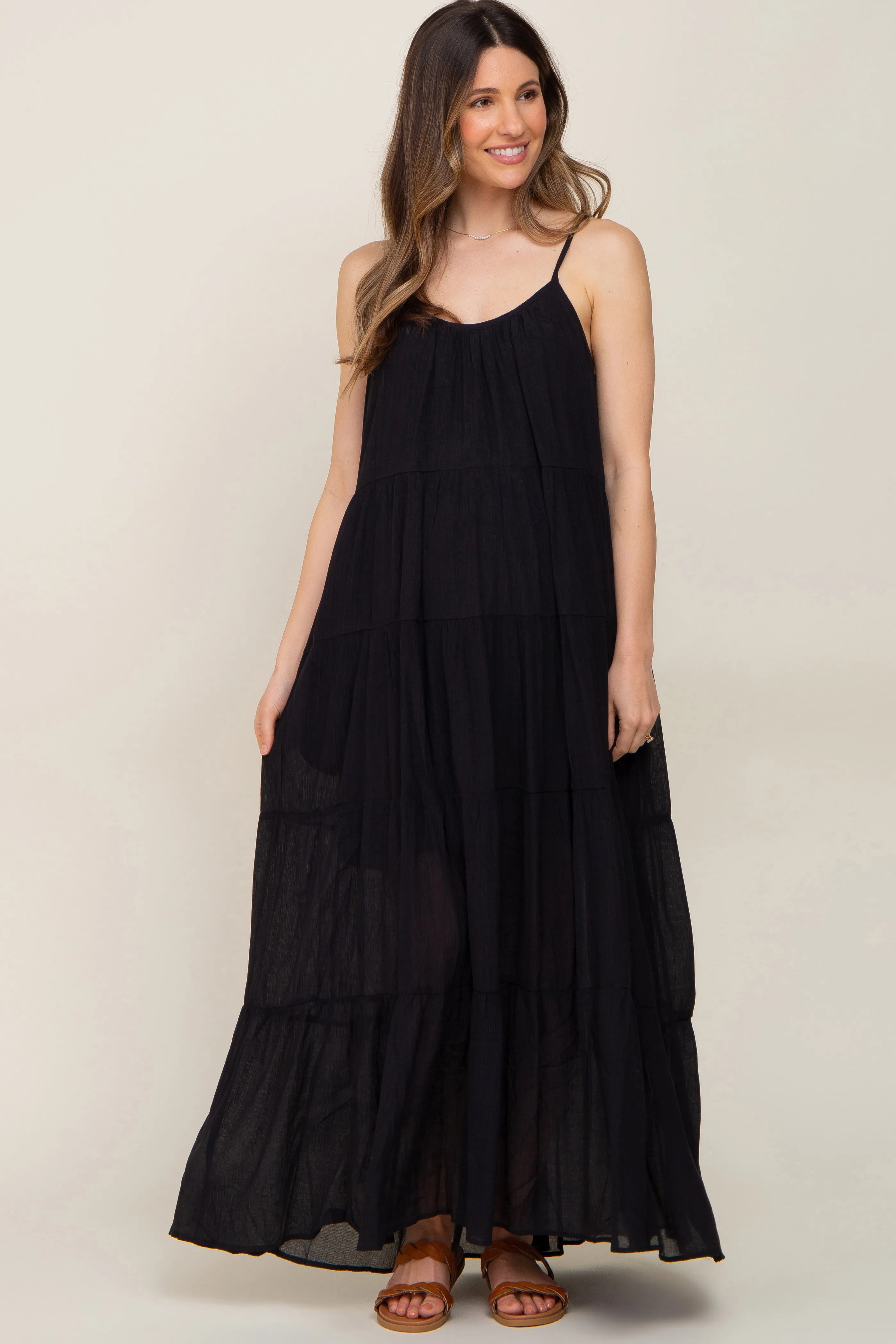 Black Tiered Maternity Maxi Dress sold by Pinkblush