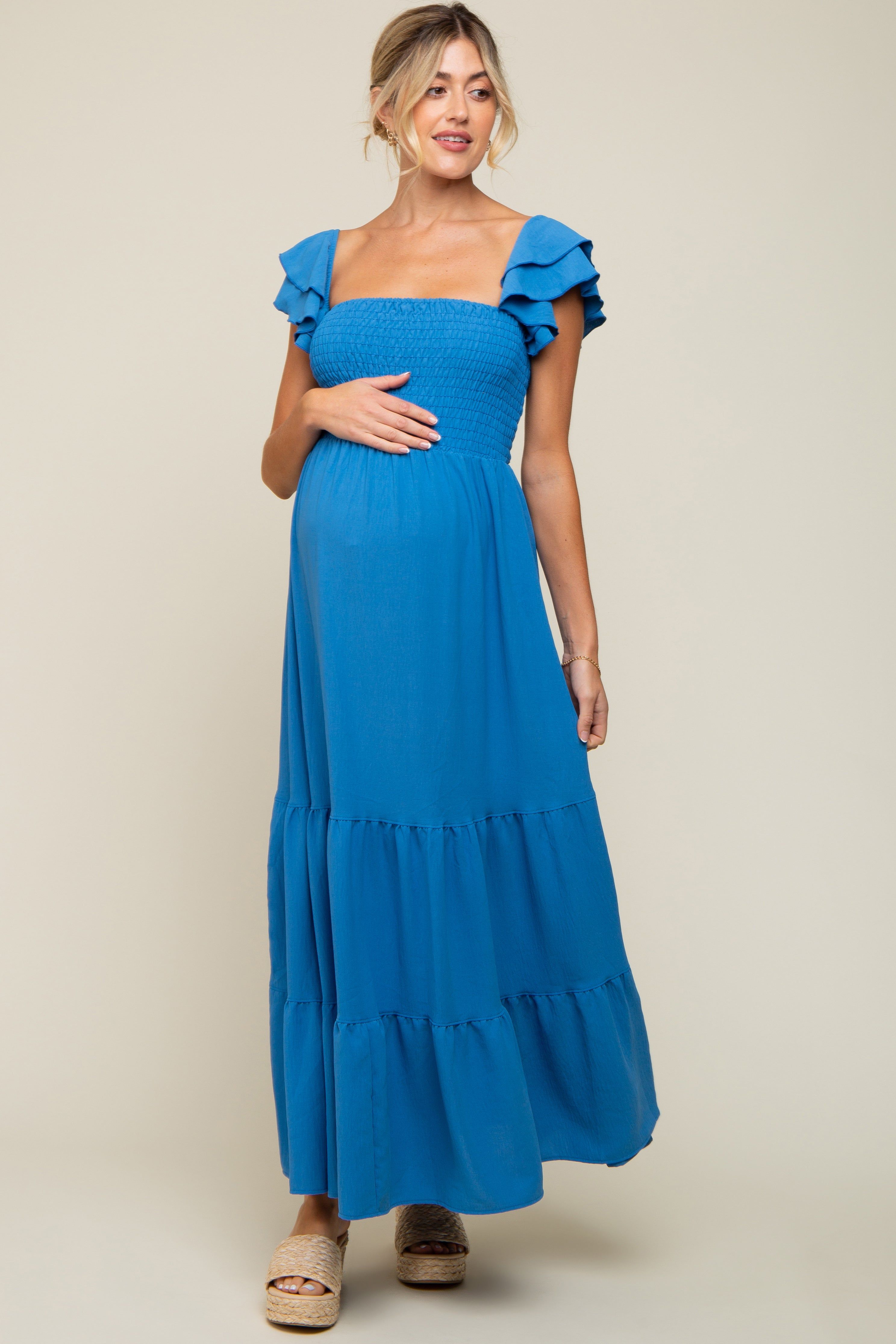 Blue Smocked Ruffle Off Shoulder Tiered Maternity Maxi Dress sold by Pinkblush product image thumbnail 4