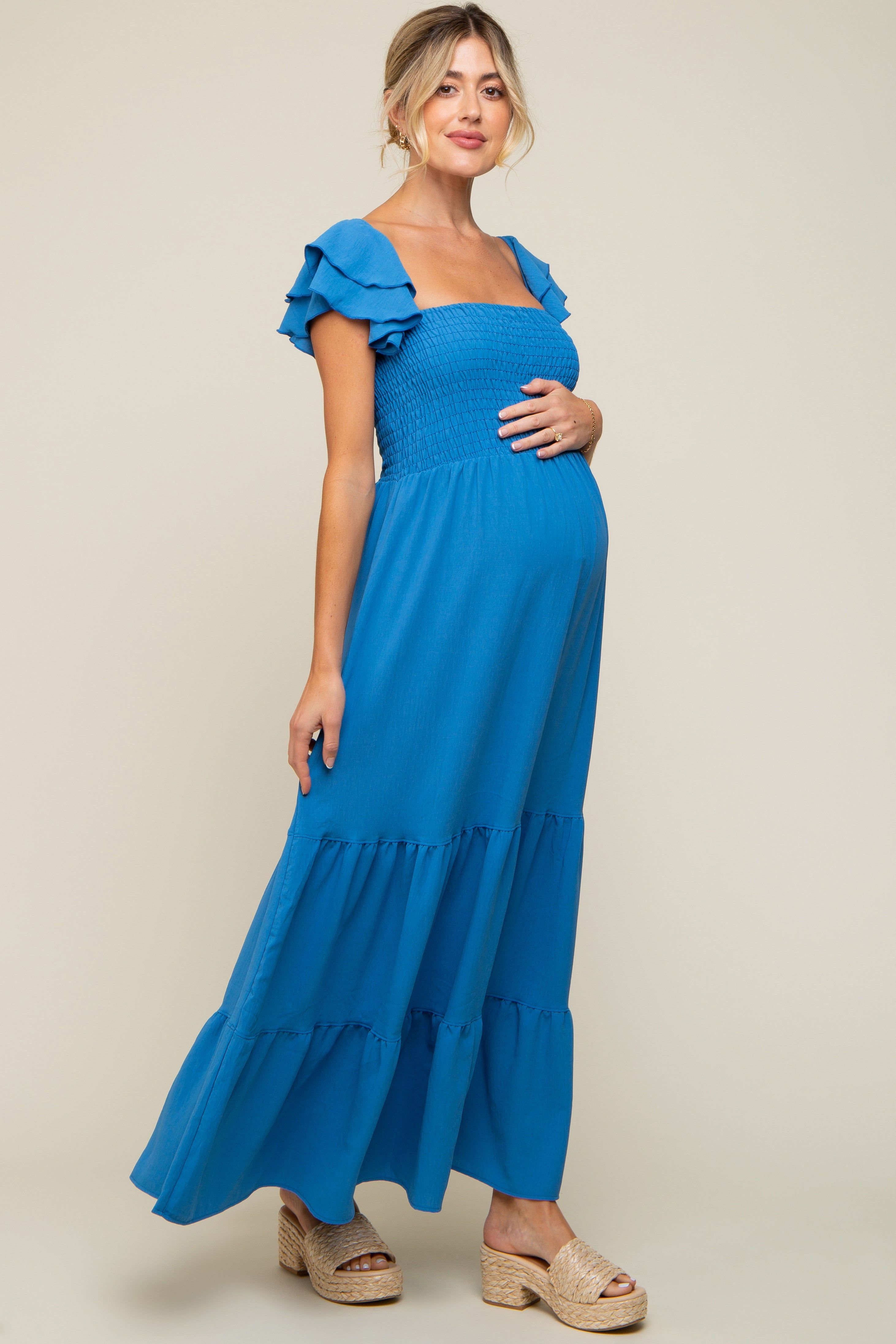 Blue Smocked Ruffle Off Shoulder Tiered Maternity Maxi Dress sold by Pinkblush