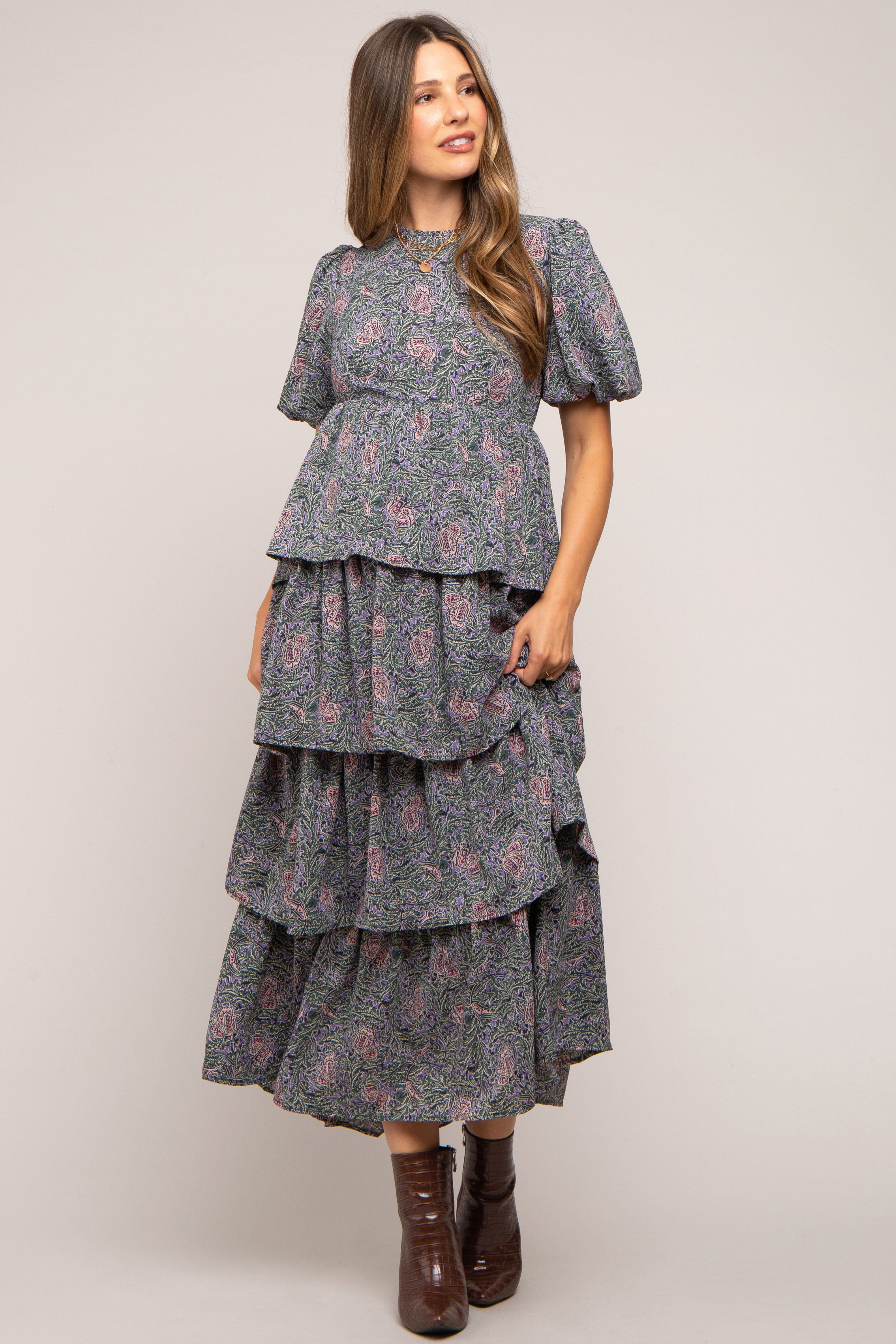 Forest Green Floral Puff Sleeve Tiered Maternity Midi Dress sold by Pinkblush product image thumbnail 5