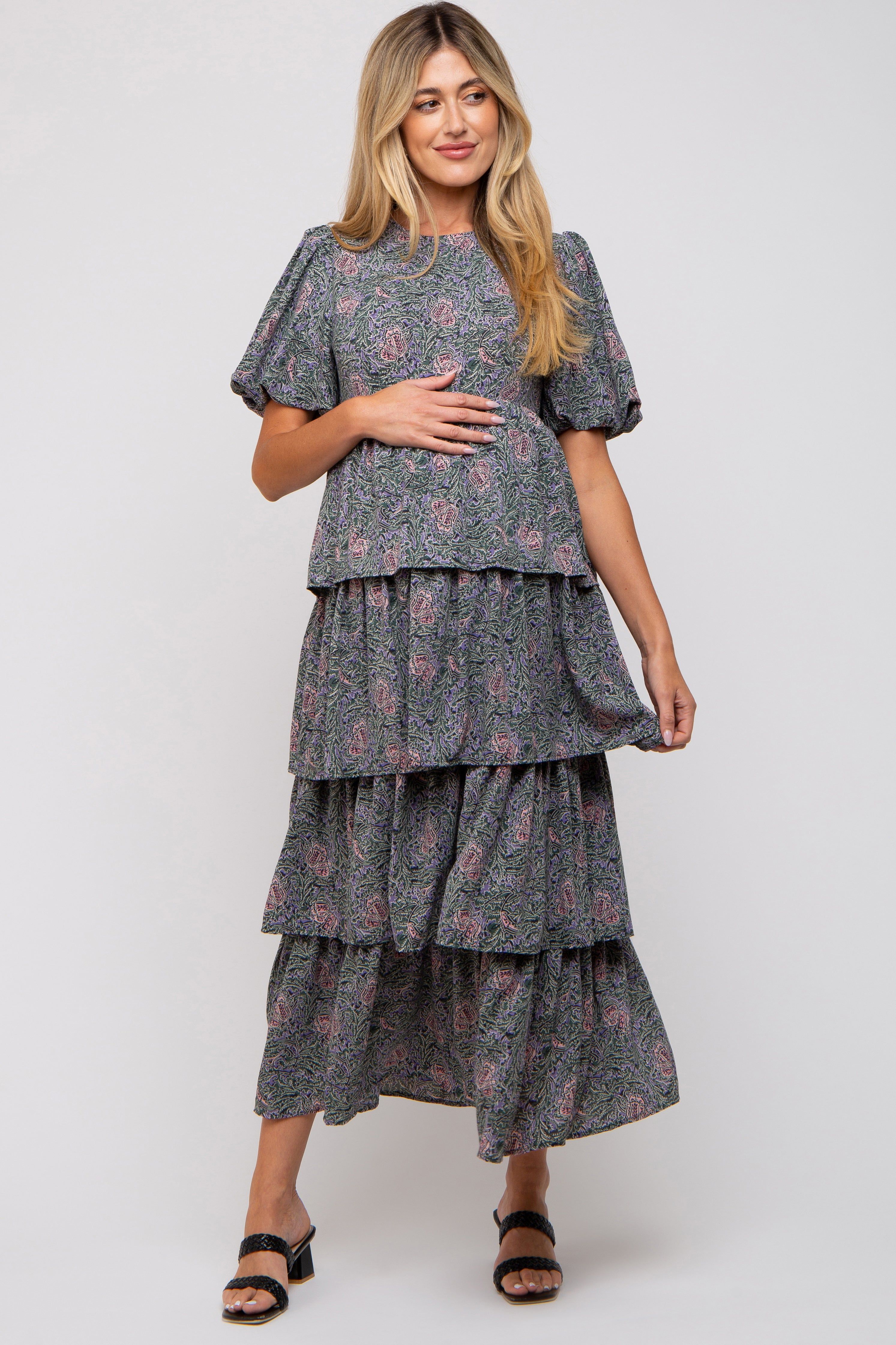 Forest Green Floral Puff Sleeve Tiered Maternity Midi Dress sold by Pinkblush product image thumbnail 2