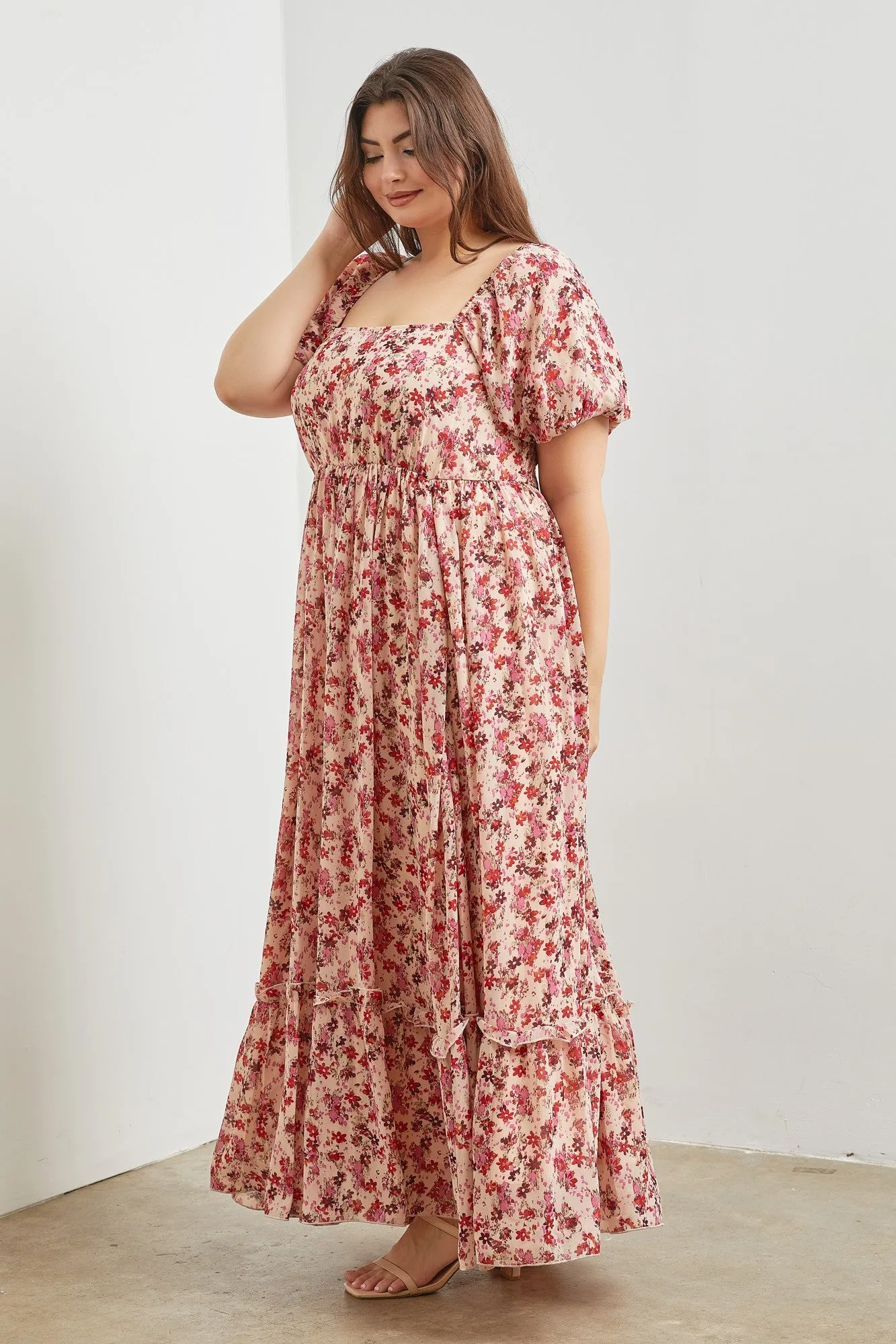 Pink Floral Puff Sleeve Plus Maxi Dress sold by Pinkblush product image thumbnail 2