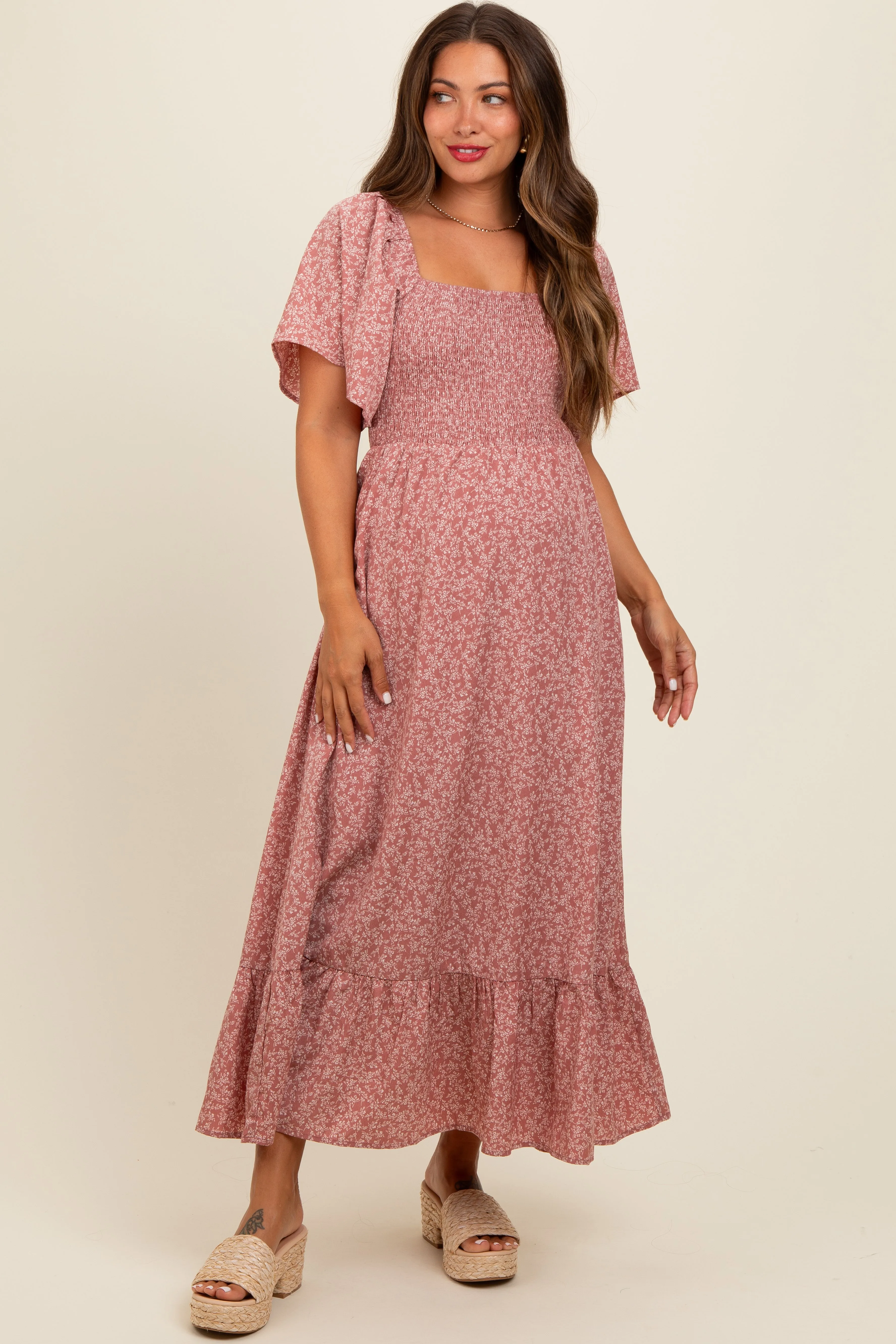 Mauve Flowy Ditsy Floral Smocked Maternity Midi Dress sold by Pinkblush