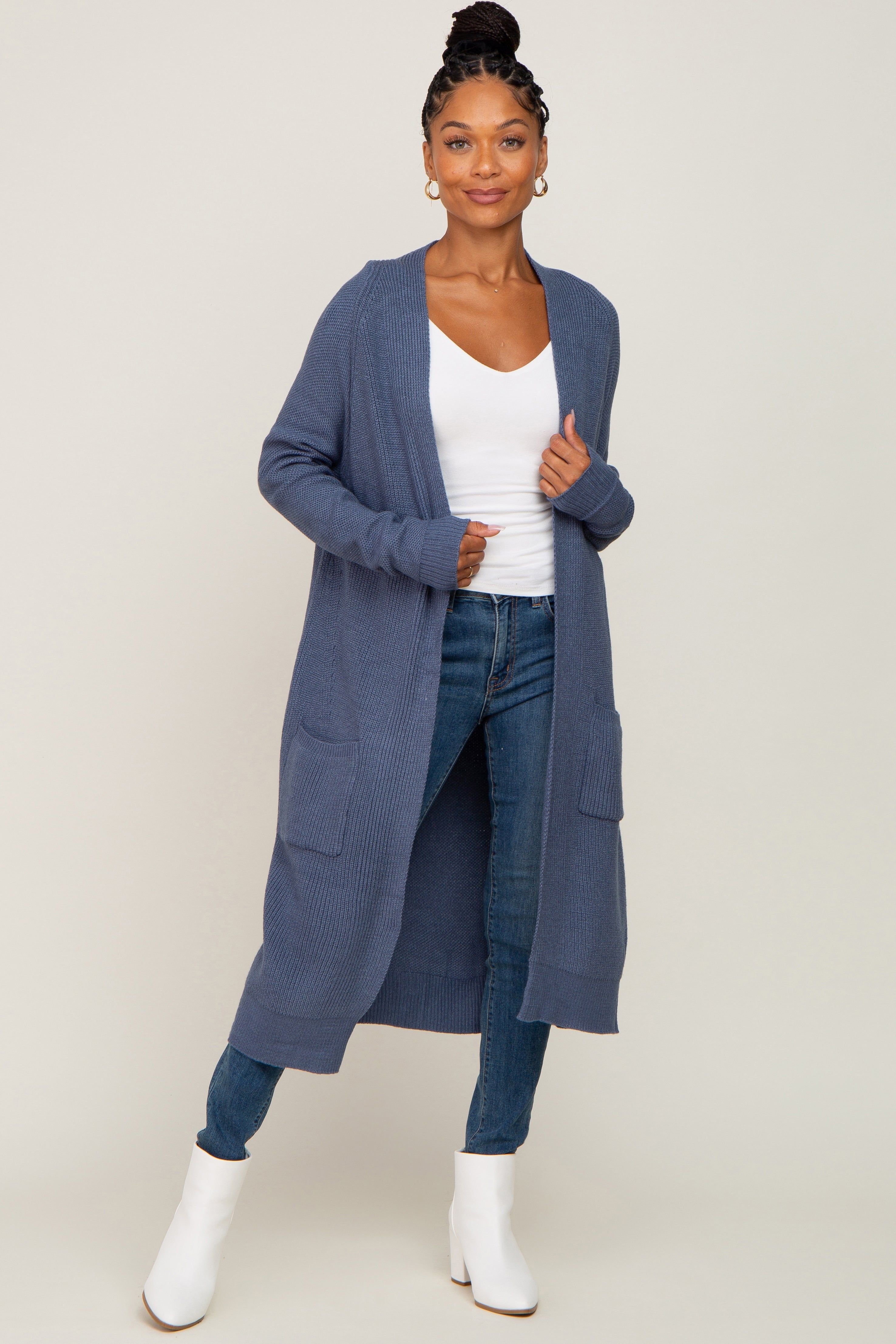 Blue Open Front Long Cardigan sold by Pinkblush