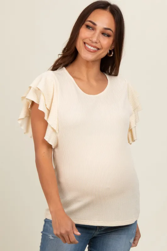 Cream Ruffle Sleeve Ribbed Maternity Top sold by Pinkblush