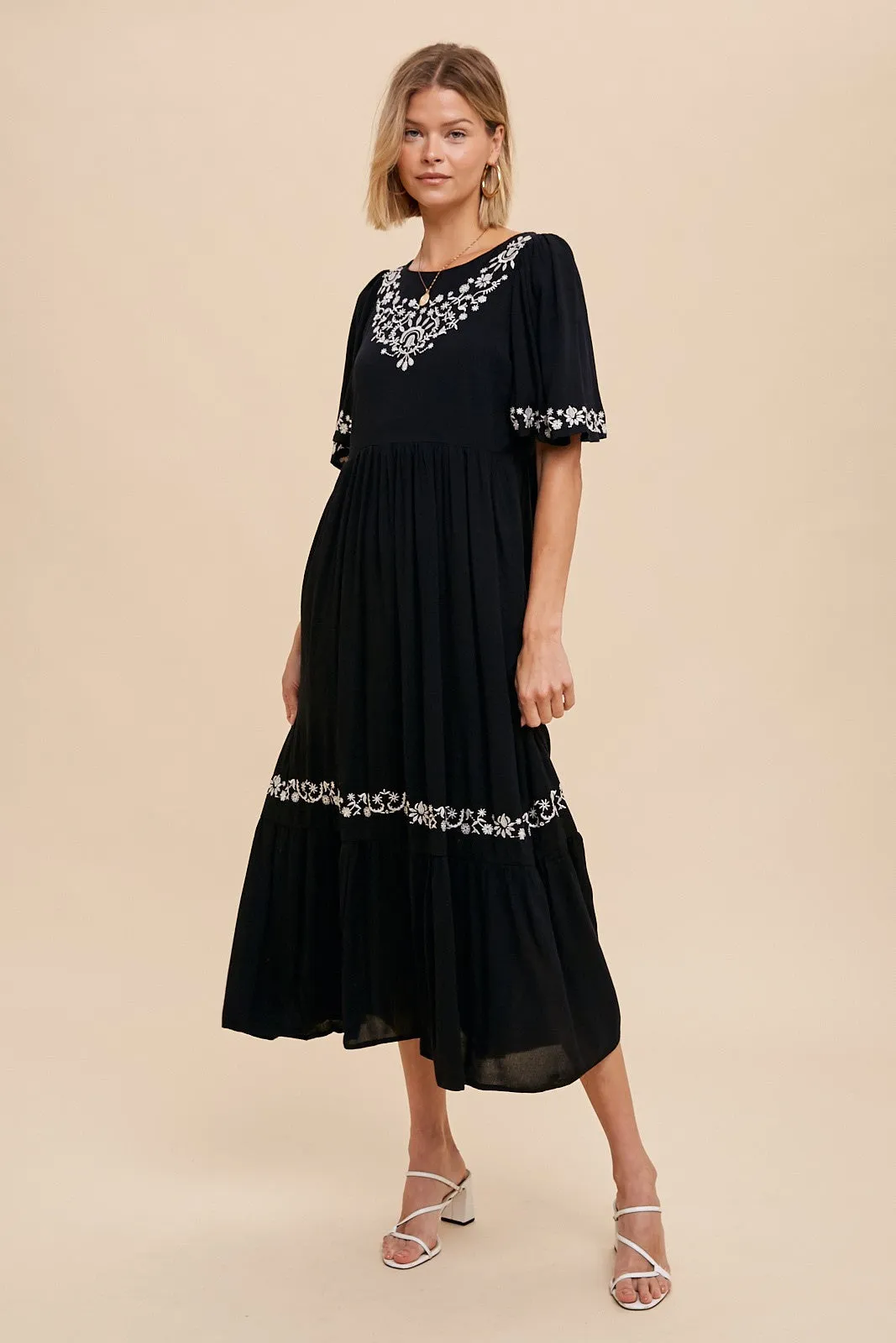 Black Embroidered V-Back Ruffle Midi Dress sold by Pinkblush
