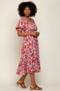 Red Floral Shimmer Chiffon Ruffle Square Neck Smocked Midi Dress sold by Pinkblush