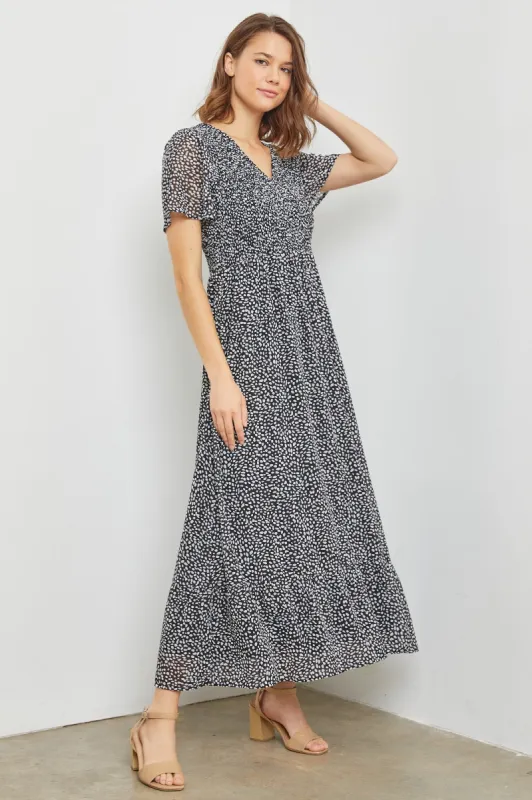 Black Dotted Smocked V-Neck Short Sleeve Maxi Dress sold by Pinkblush