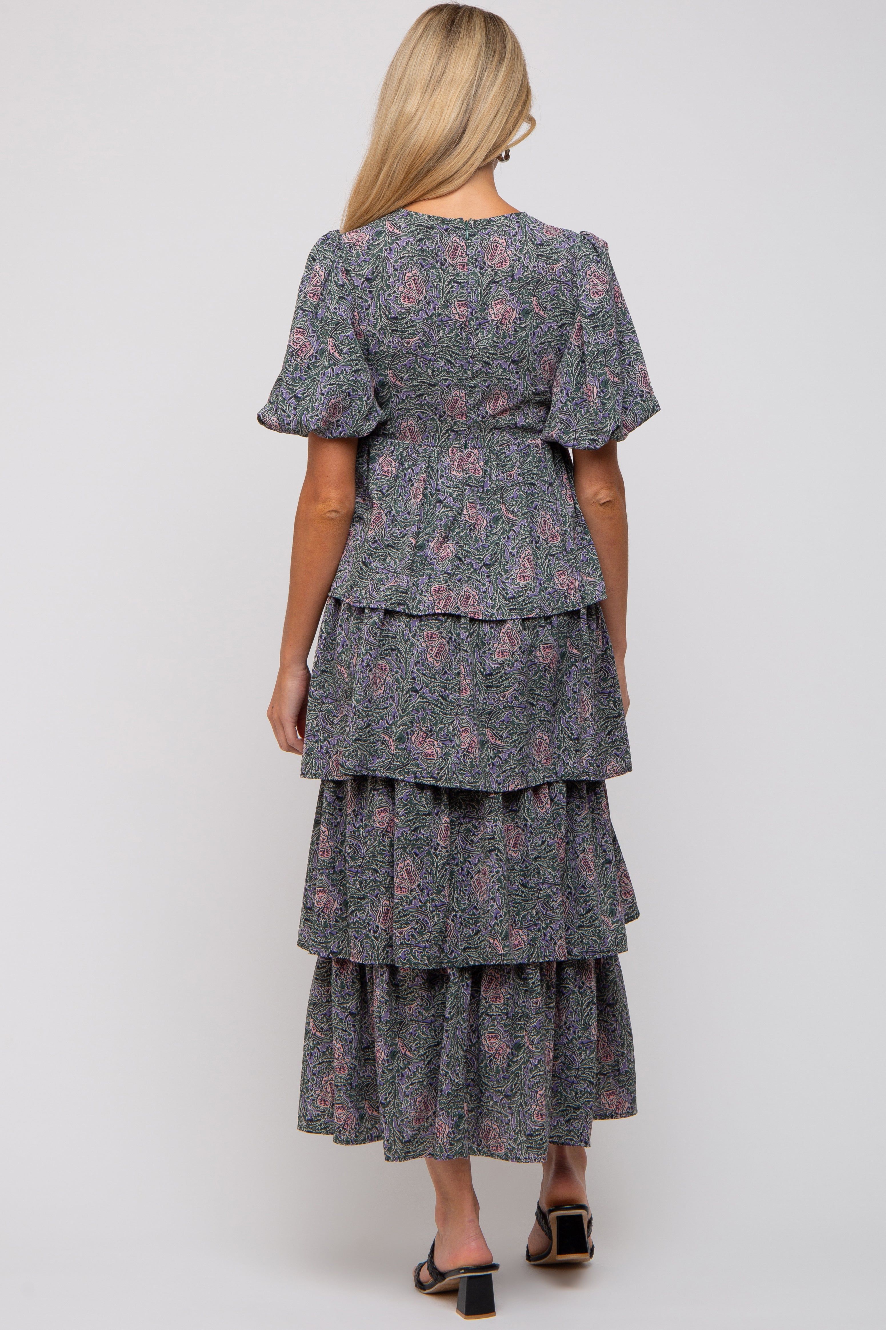 Forest Green Floral Puff Sleeve Tiered Maternity Midi Dress sold by Pinkblush product image thumbnail 3