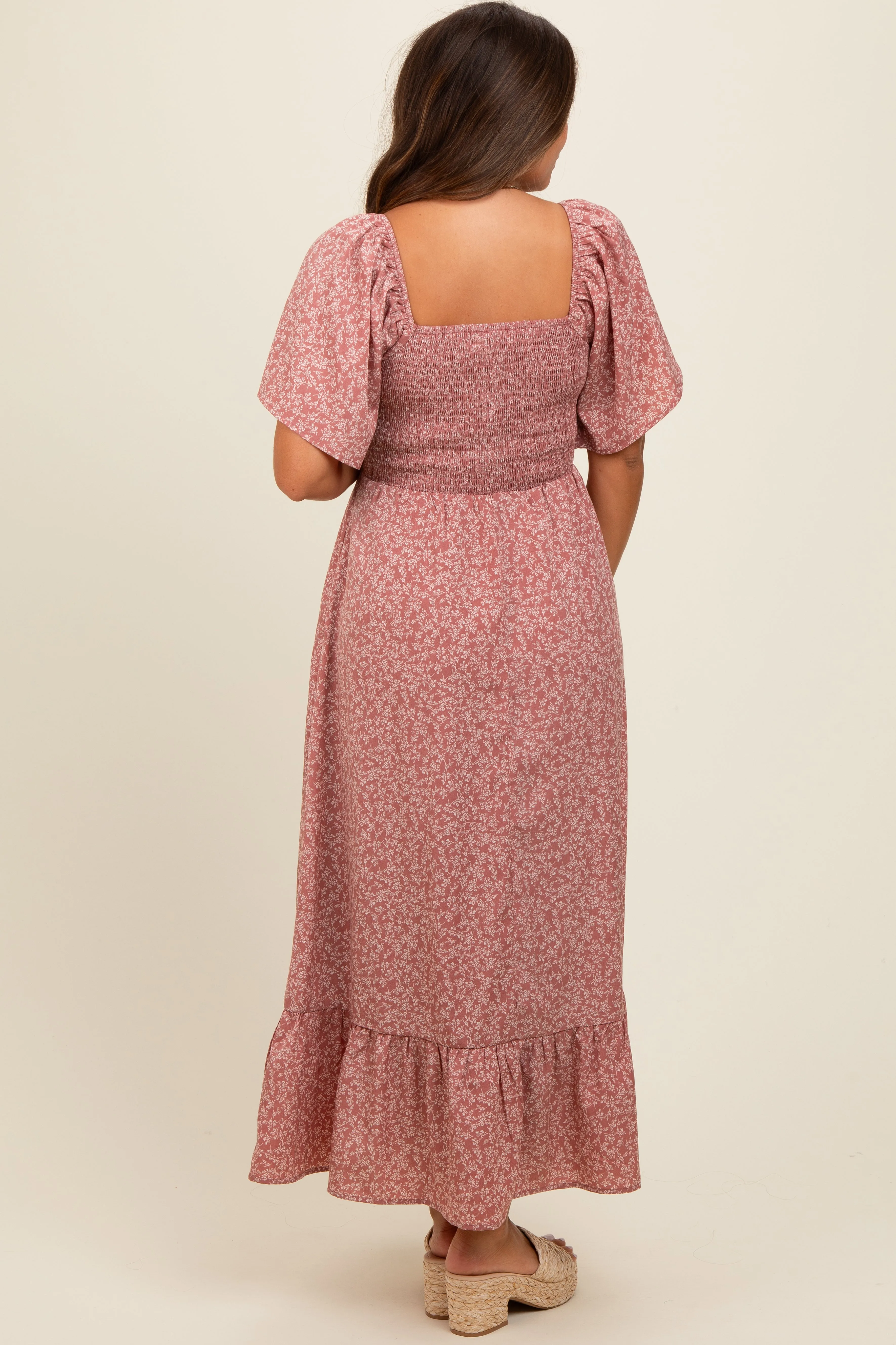 Mauve Flowy Ditsy Floral Smocked Maternity Midi Dress sold by Pinkblush product image thumbnail 2