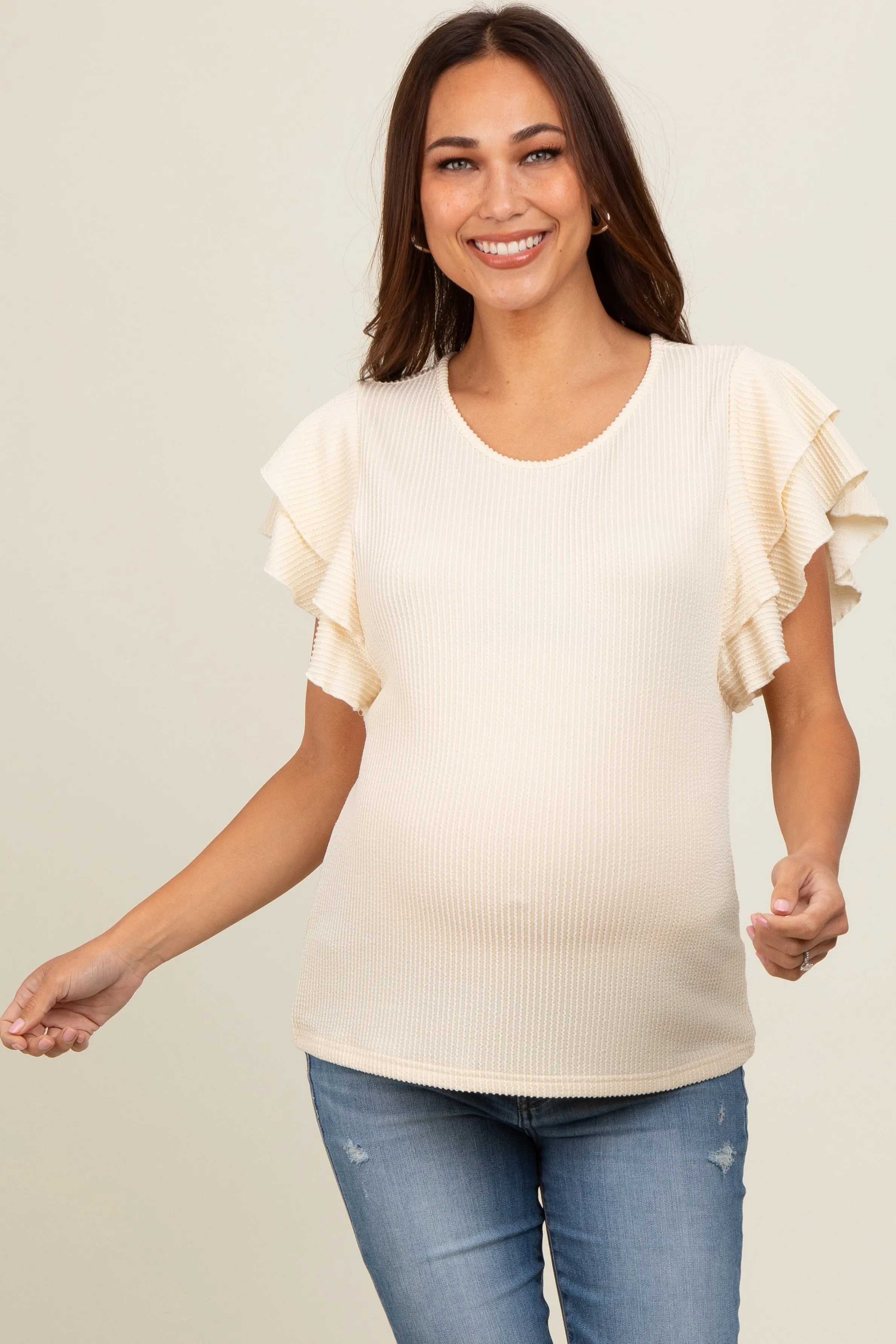 Cream Ruffle Sleeve Ribbed Maternity Top sold by Pinkblush product image thumbnail 2