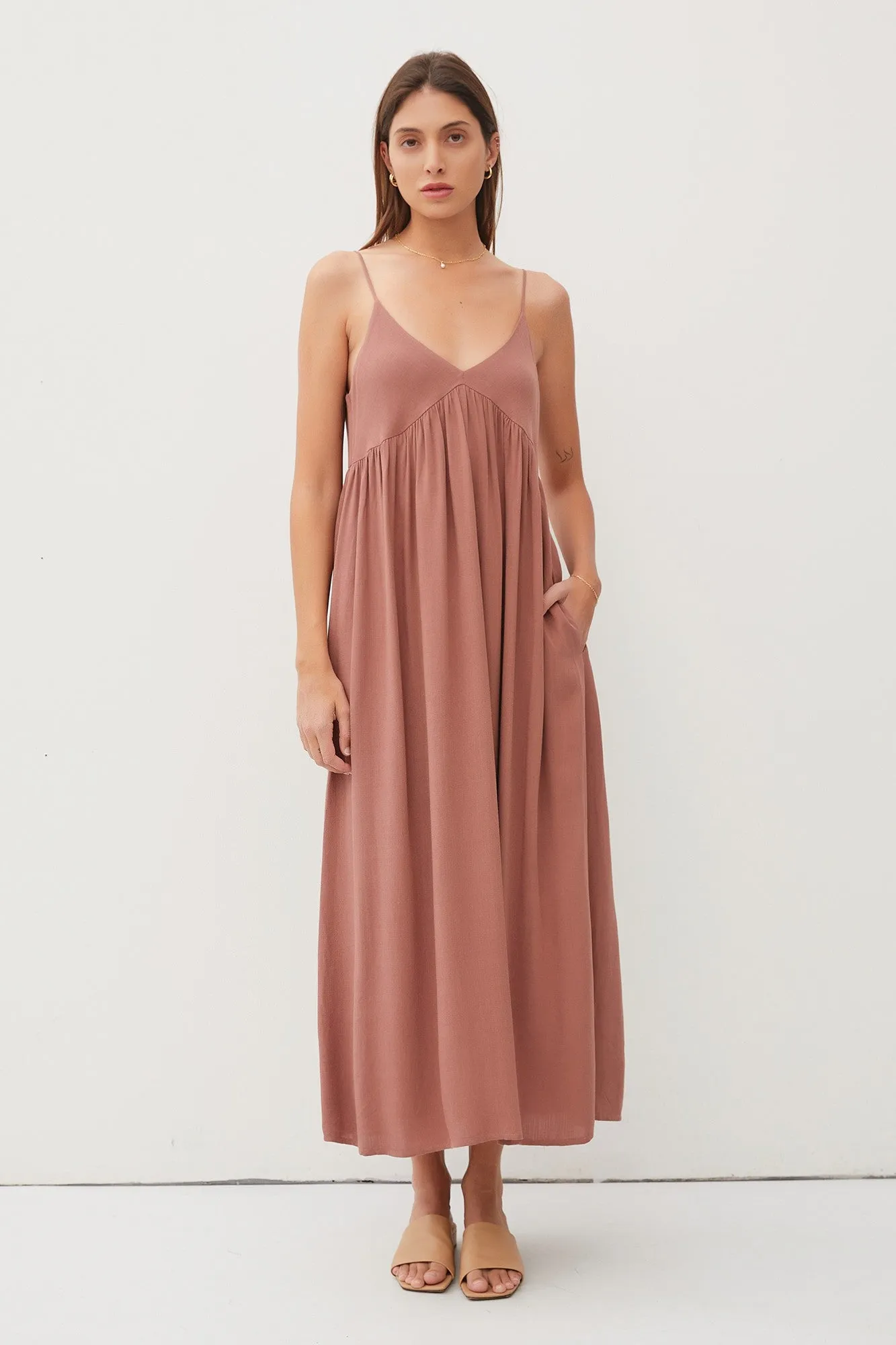 Mocha V-Neck Sleeveless Midi Dress sold by Pinkblush