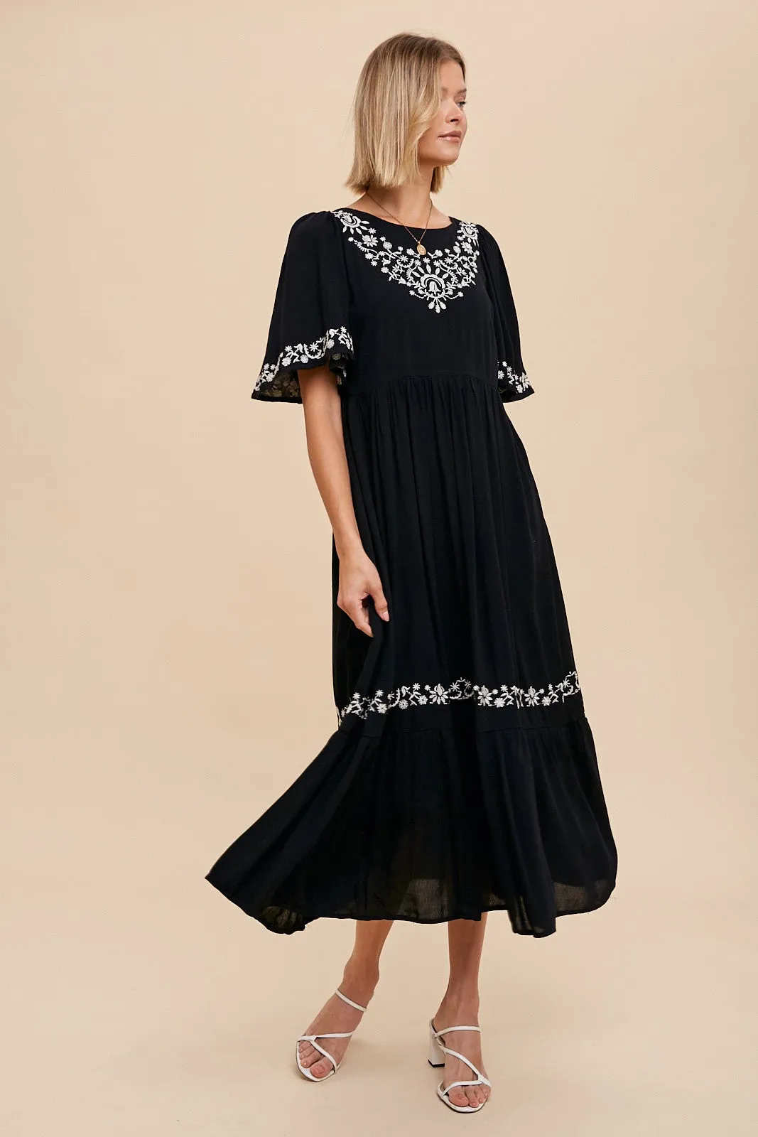 Black Embroidered V-Back Ruffle Midi Dress sold by Pinkblush product image thumbnail 2
