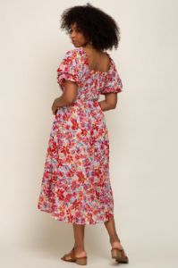 Red Floral Shimmer Chiffon Ruffle Square Neck Smocked Midi Dress sold by Pinkblush